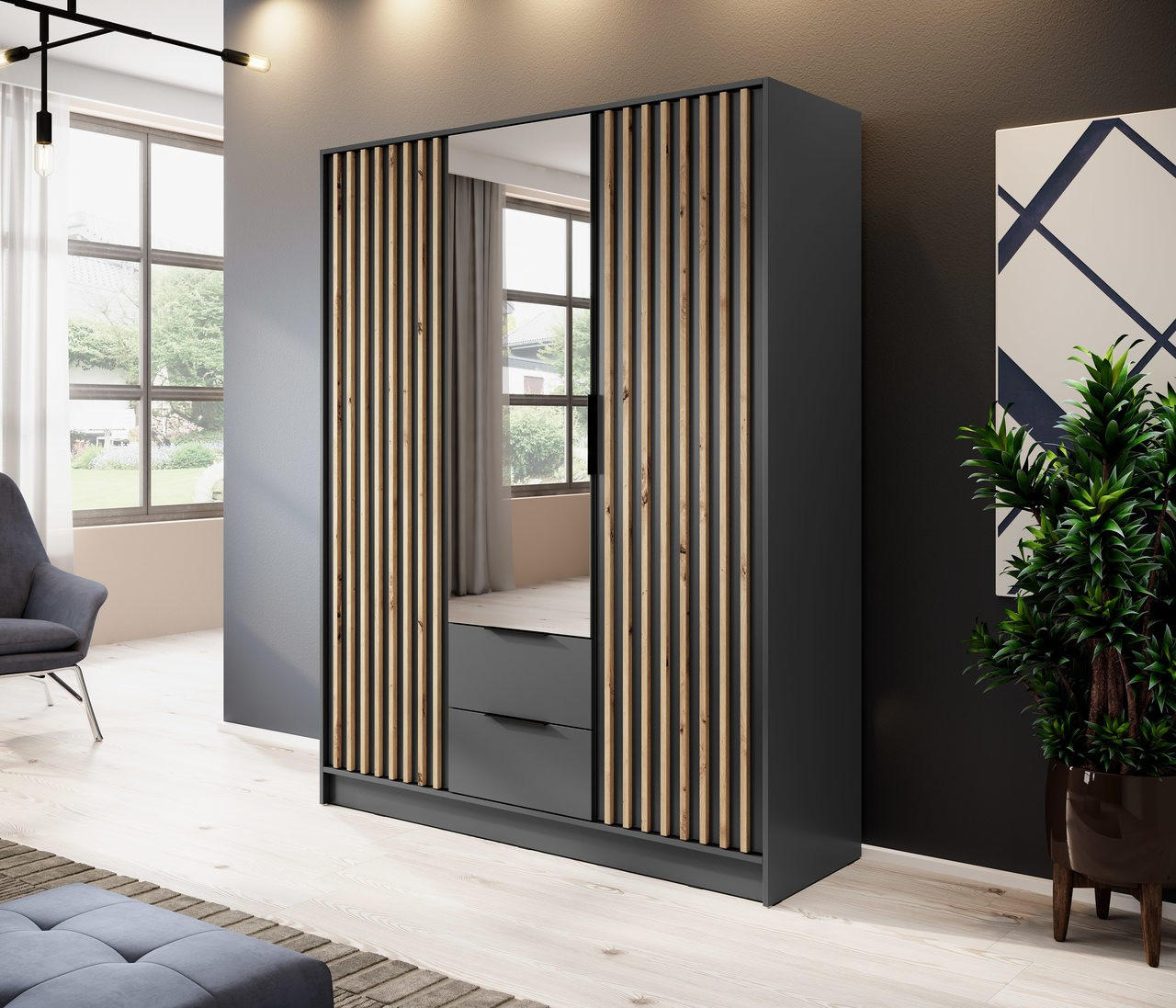 KLEIDERSCHRANK Nelly Graphit, Schrank Dreitürige, Garderobe mit Spiegel und Schubladen - Graphitfarben, Holzwerkstoff (155/200/51cm) - Bettso