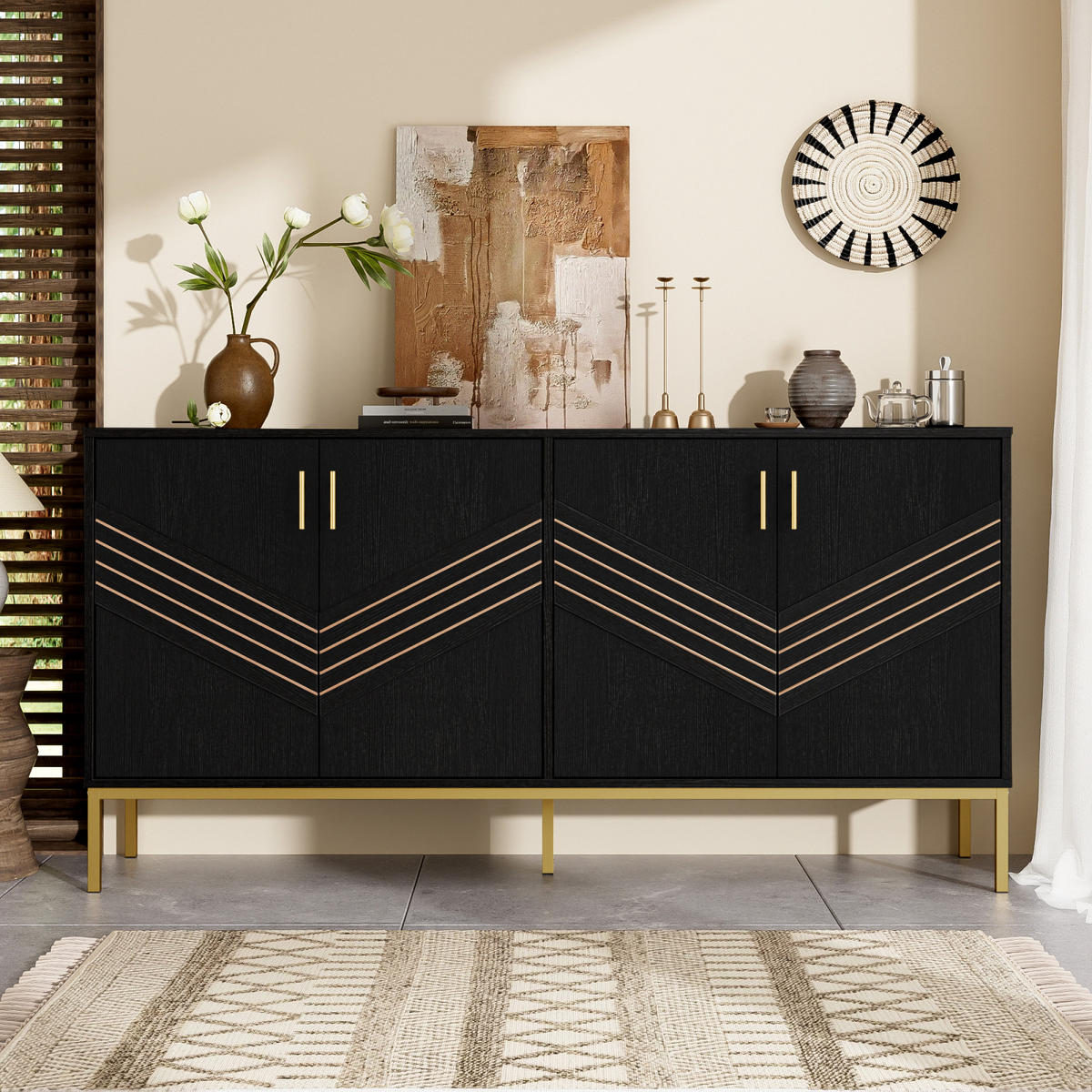 SIDEBOARD Schwarz-Gold, 4 Türen, MDF, Metallfüße - Schwarz, Holz (160/80/40cm)