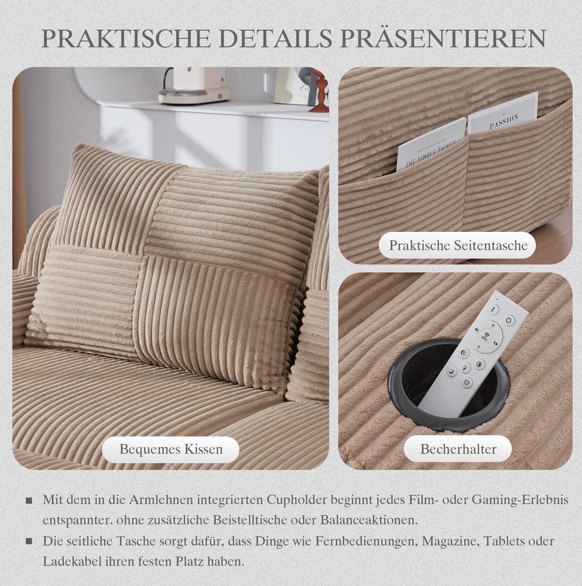 2-SITZER Sofa Cord mit Getränkehalter und Seitentasche 200/99/80 cm Sandfarben - Sandfarben, Textil (99/80/200cm) - Redom