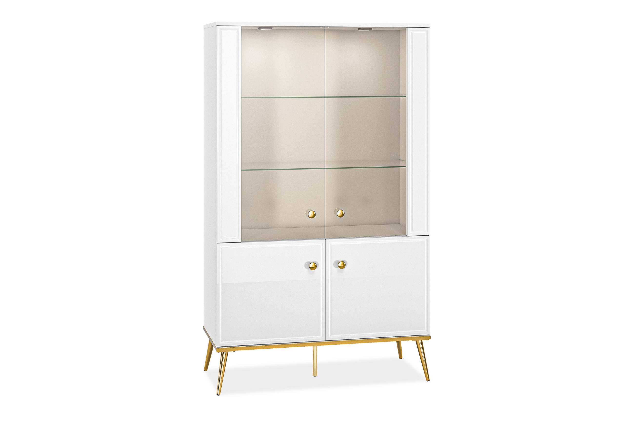 VITRINENSCHRANK ISORIA mit Beleuchtung, Glas Weiß - Goldfarben/Weiß, Holz/Metall (92/152/40cm) - KONSIMO®