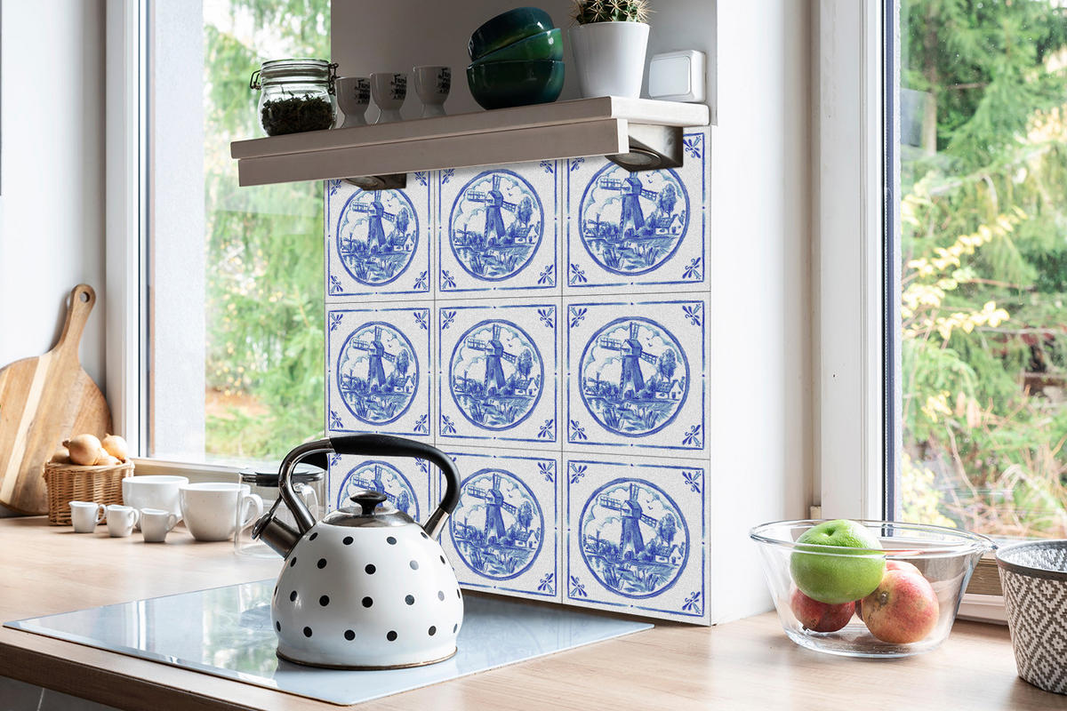FLIESENAUFKLEBER 9 Stück 30x30 cm selbstklebend Windmühle im Azulejos-Stil - Blau, Textil (30/1.6/30cm) - TULUP