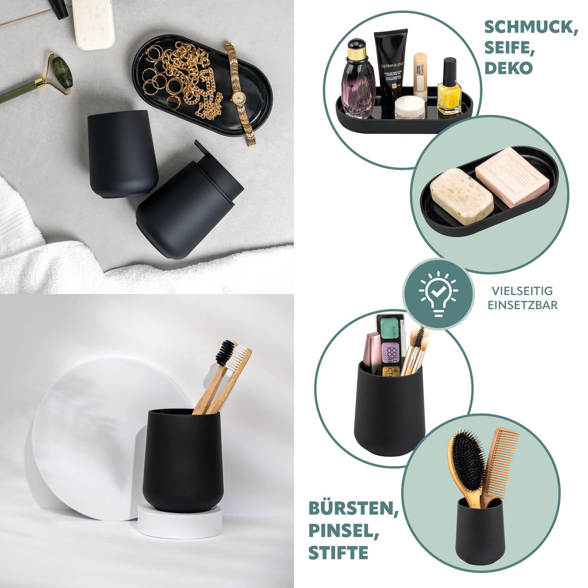 BAD-ACCESSOIRES-SET TESERO, Soft-Touch, schwarz - Schwarz, Kunststoff (18.5/13.5/10cm) - eluno