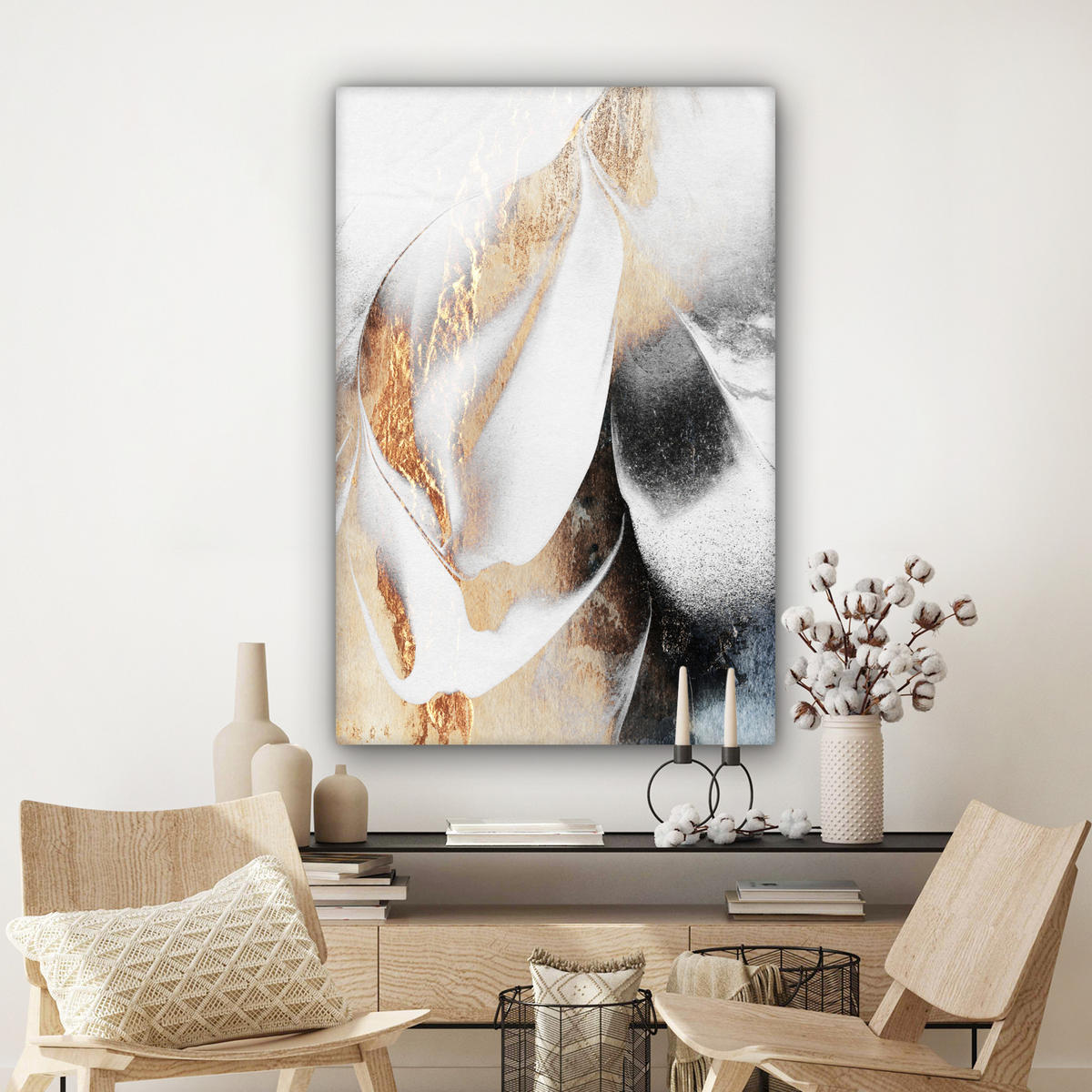 LEINWANDBILD Luxus - Abstrakt - Gold - Weiß 90x140 cm - Goldfarben, Textil (90/140cm) - MuchoWow