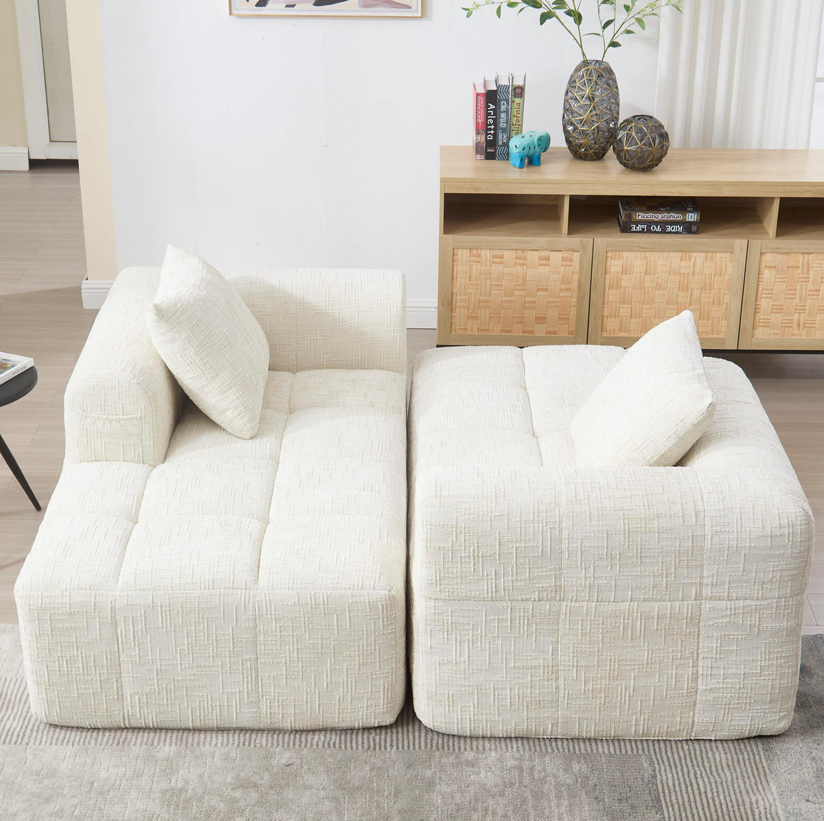 SOFA Chaiselongue 158 x 90 cm Chenille Beige mit Kissen - Beige, Kunststoff (90/60/158cm) - Meubliv