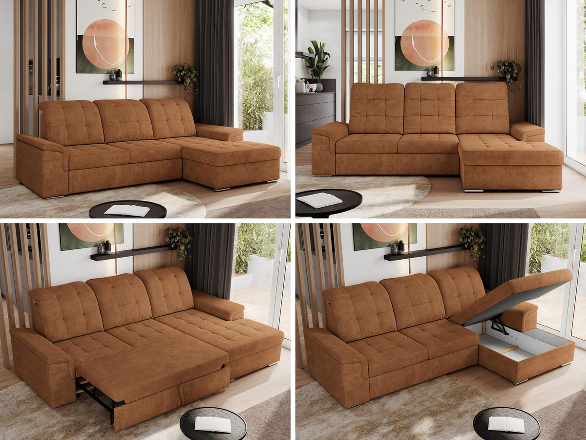 ECKSOFA MADRITO L - Orange Struktur - Rechts - Silberfarben/Orange, Textil/Metall (256/160cm)