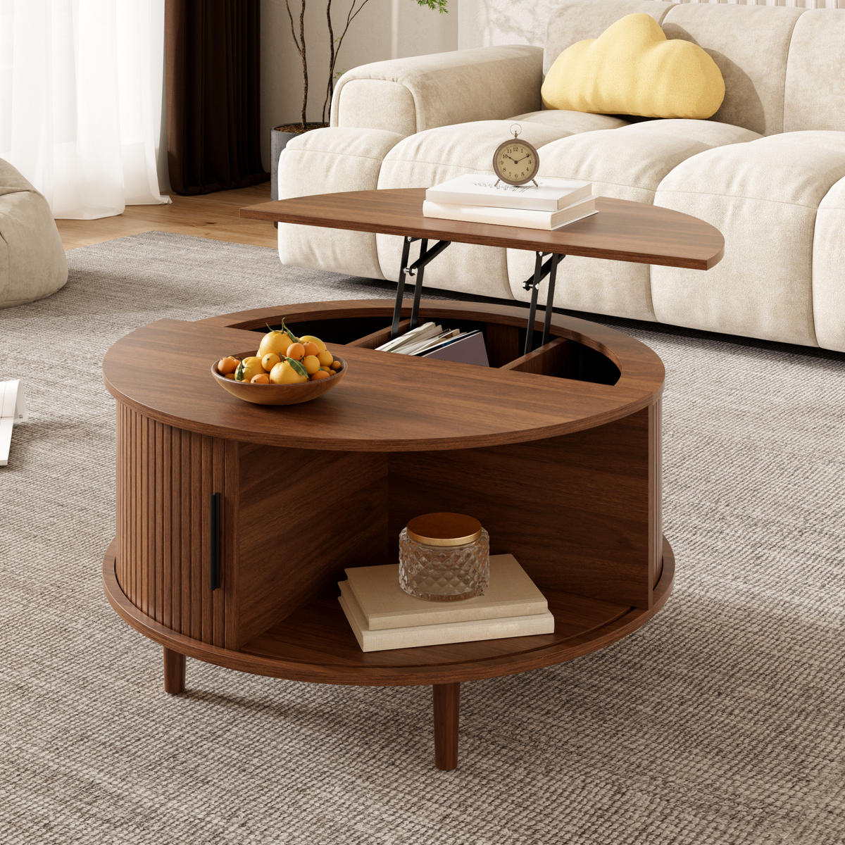 COUCHTISCH in Holzoptik Runder Wohnzimmertisch mit höhenverstellbar Stauraum und Schiebetür, 80 B / 80 T / 59 H(cm) - Dunkelbraun, Holzwerkstoff (80/80/59cm) - STILVORA