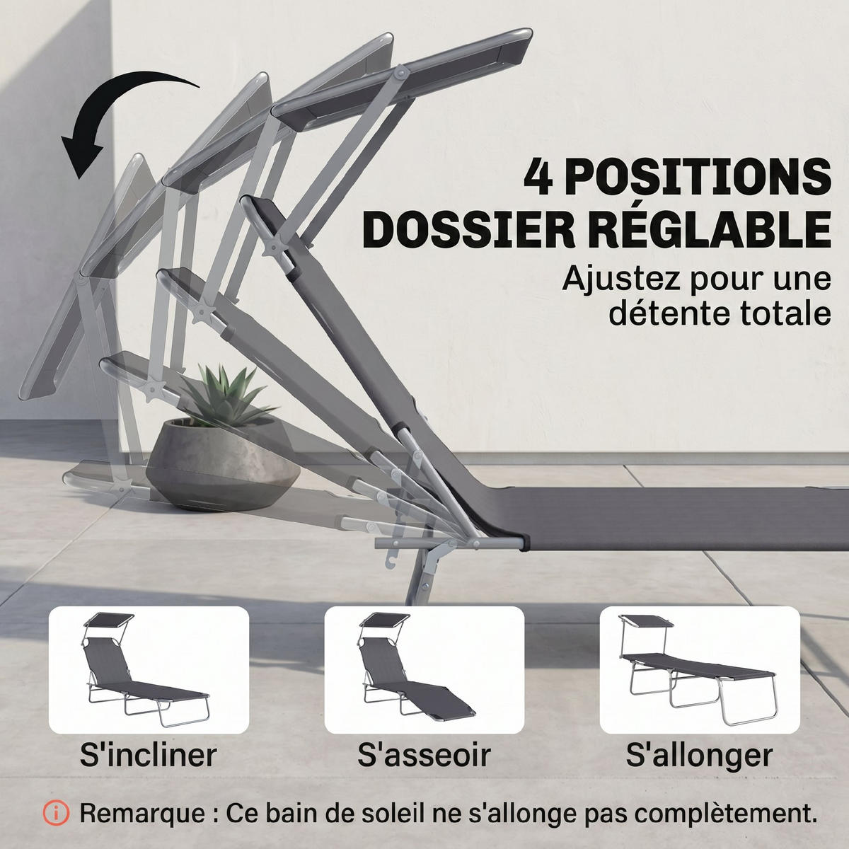 SONNENLIEGE DE-15715 mit Sonnenschirm Grau - Grau, Metall (58/36/187cm) - ComfortXL