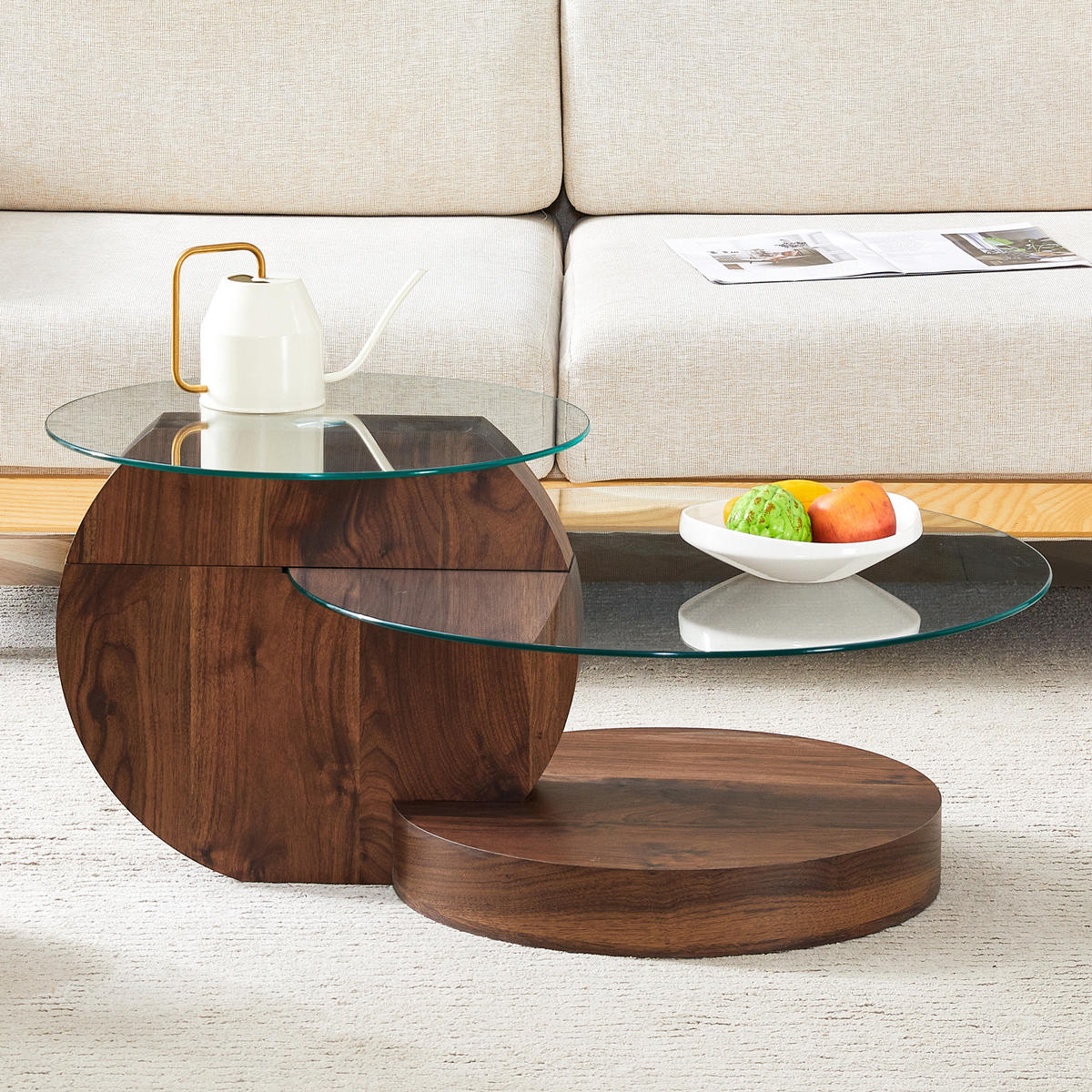COUCHTISCH 70/90/44 cm mit Glasplatten, mehrstufige Ablage und MDF-Gestell in Holzoptik, Transparent/Walnuss - Walnussfarben, Holzwerkstoff (90/70/44cm) - Redom