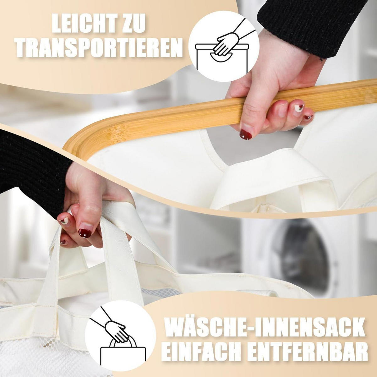 WÄSCHEKORB mit Deckel 145L 3 Fächer Beige - Beige, Textil (37/69/57cm)