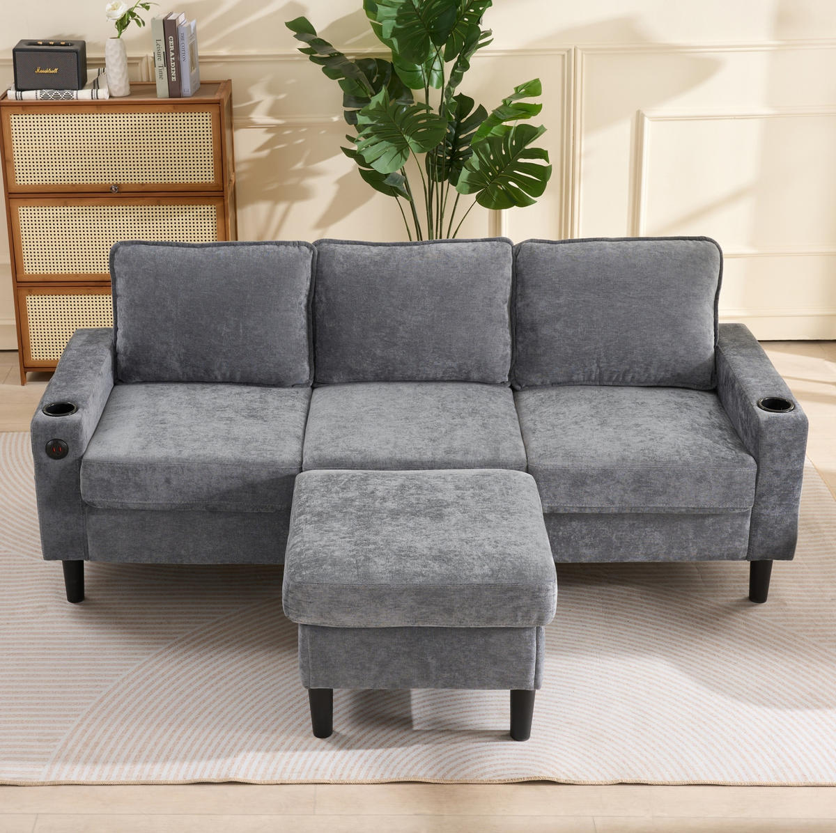 ECKSOFA 202/137/80 cm Grau aus Leinen mit USB und Typ-C - Grau, Textil (137/202cm) - OKMYHOME