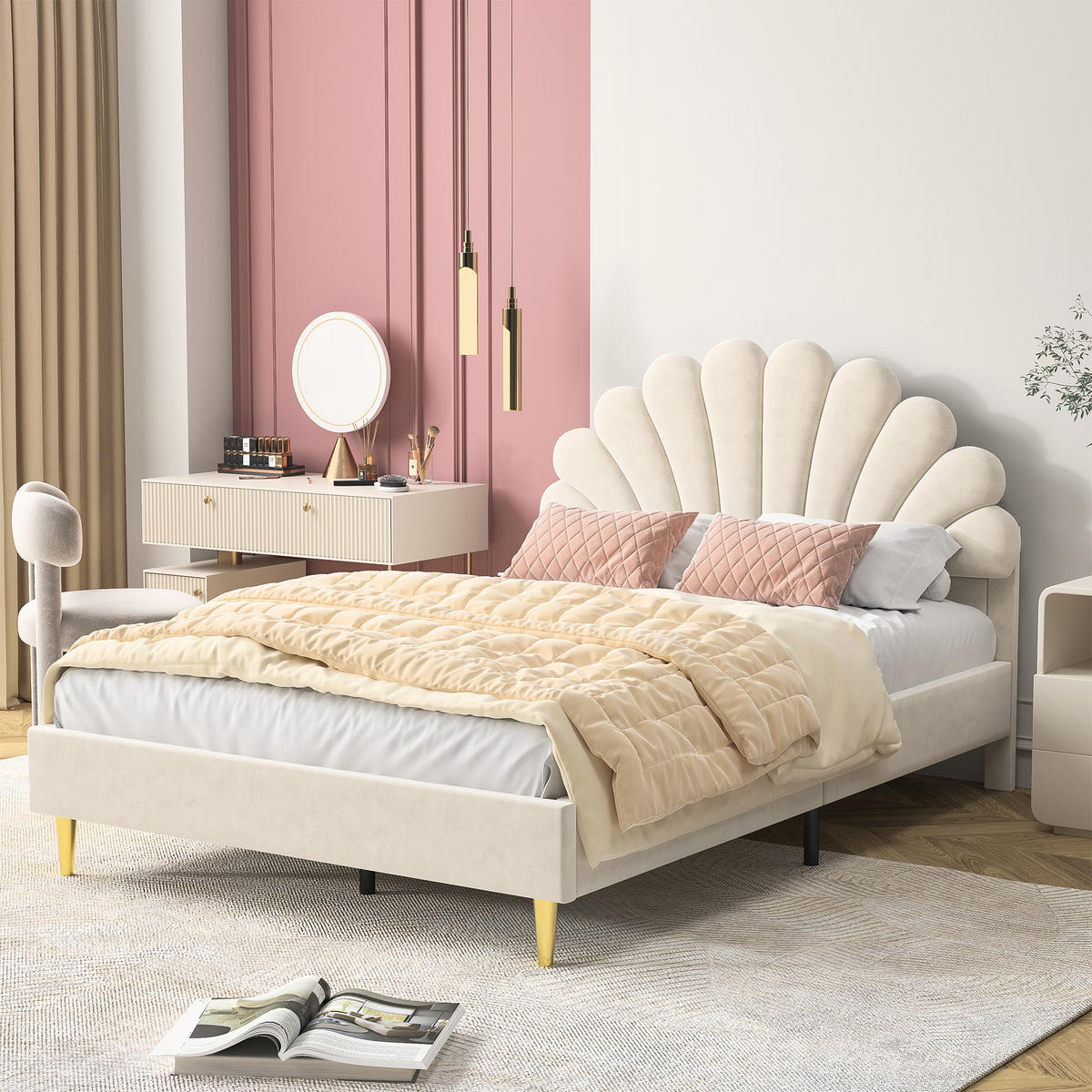 POLSTERBETT 140x200 cm, Blumenform-Kopfteil, Samt - Beige, Textil/Metall (140/200cm)
