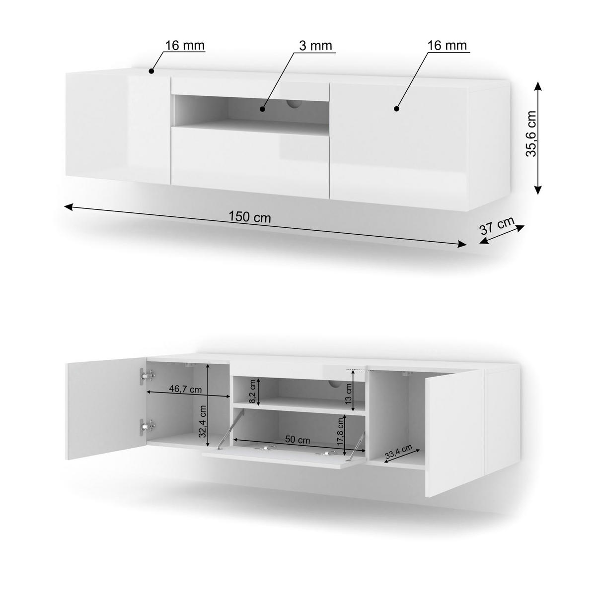 TV LOWBOARD Weiß Hochglanz 150/42/37 - Weiß Hochglanz, Holzwerkstoff (150/42/37cm) - RAUMHIRSCH FURNITURE