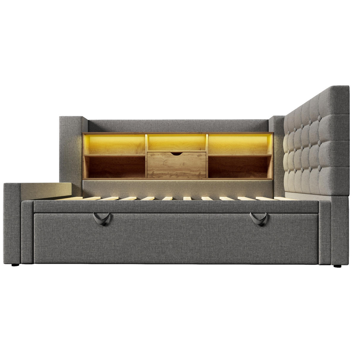 POLSTERBETT 90/180x200 cm Grau mit LED-Beleuchtung und Stauraum - Grau, Textil (90/200cm) - Flora Grace
