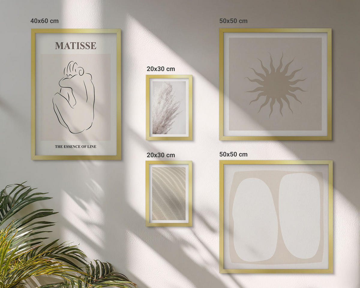 BILDER SET 5er Set - 50x50 cm & 20x30 cm & 40x60 cm Goldrahmen - Minimalistische Sandwellen - Goldfarben, Kunststoff (40/60cm) - TULUP