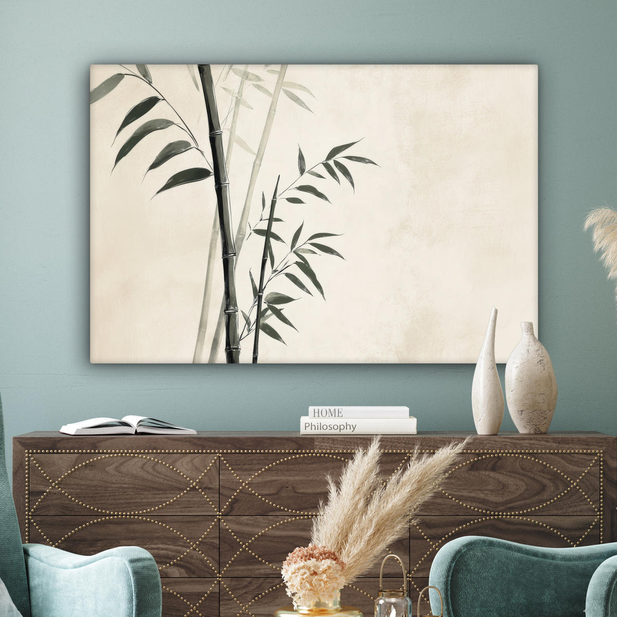 LEINWANDBILD Japandi - Bambus - Beige XXL 150x100 cm - Eukalyptusholzfarben, Textil (150/100cm) - MuchoWow