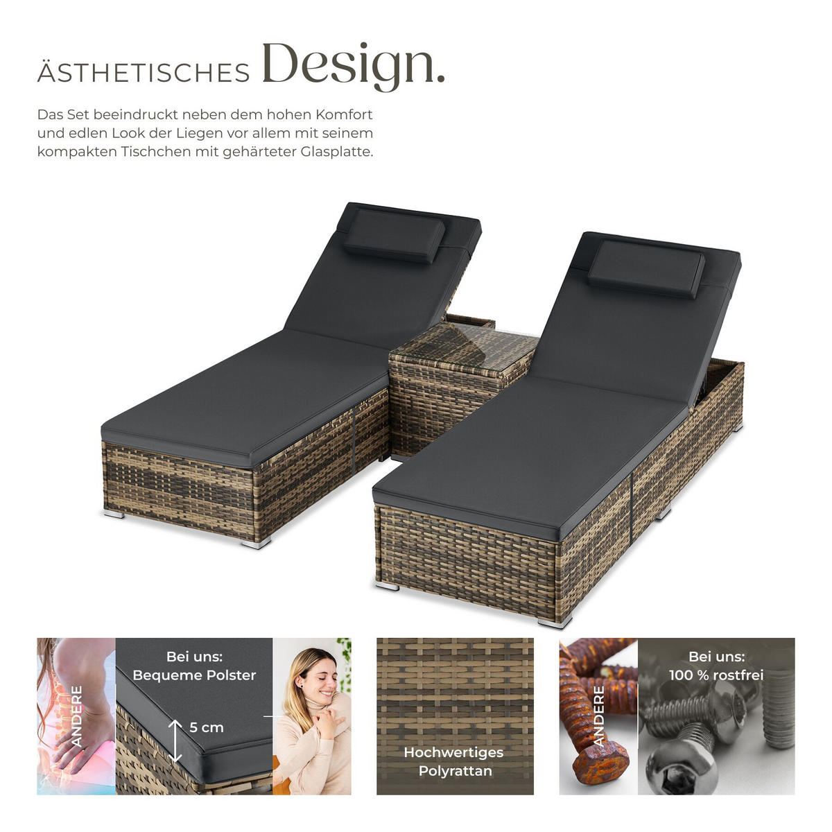 RATTAN-DOPPELLIEGE Carbonera, Belastbarkeit je 200 kg, natur - Naturfarben, Kunststoff (62/36/196cm) - tectake