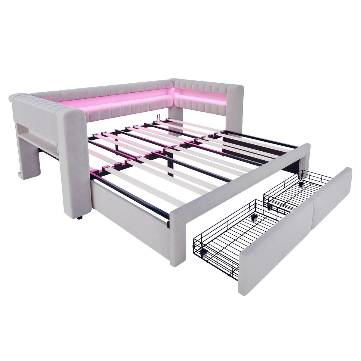 AUSZIEHBETT 90/180/190 cm mit LED und USB, DE-41682, in Hellgrau - Hellgrau, Metall (90/190cm) - ComfortXL