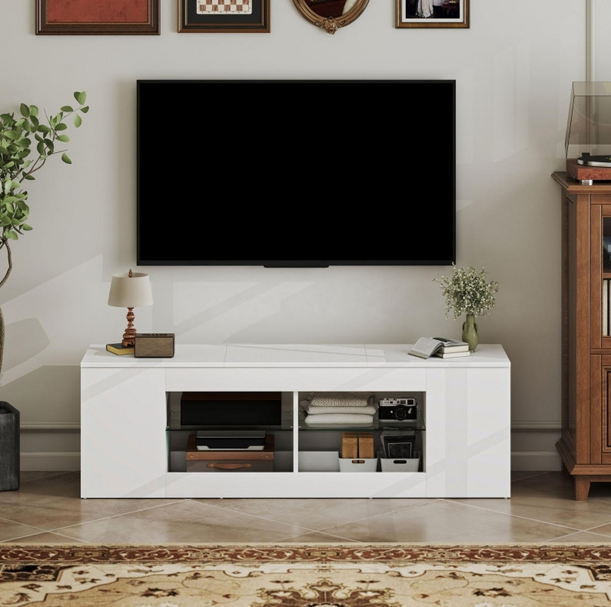 LOWBOARD 140/42.5 cm Weiß aus Glas und Spanplatte mit 6 Fächern - Weiß, Glas (35/42.5/140cm) - OKMYHOME