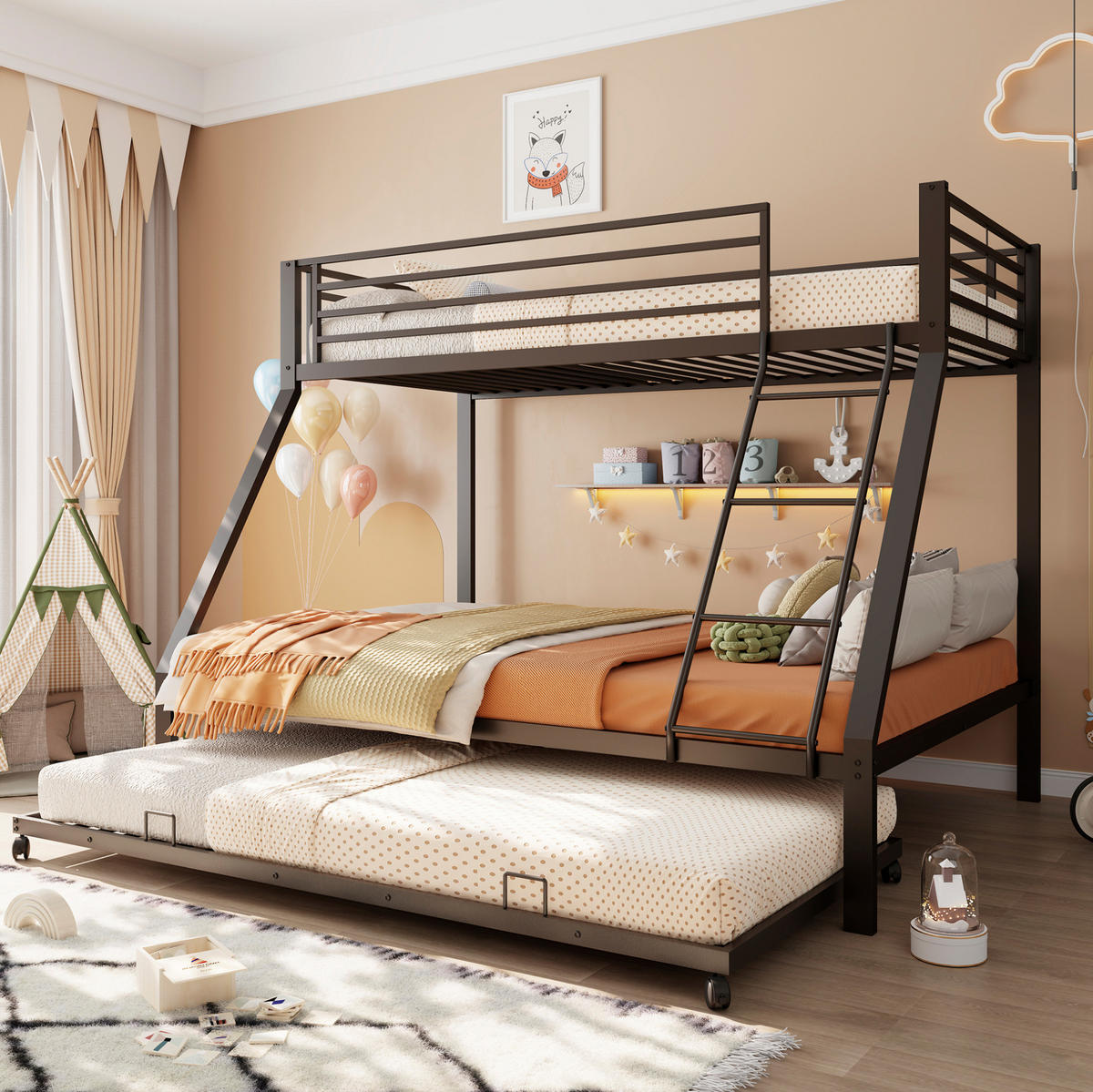 ETAGENBETT aus Metall 90/140x200 cm Schwarz mit Ausziehbett, hohe Belastbarkeit und 3 Schlafplätze - Schwarz, Metall (140/200cm) - Modfu