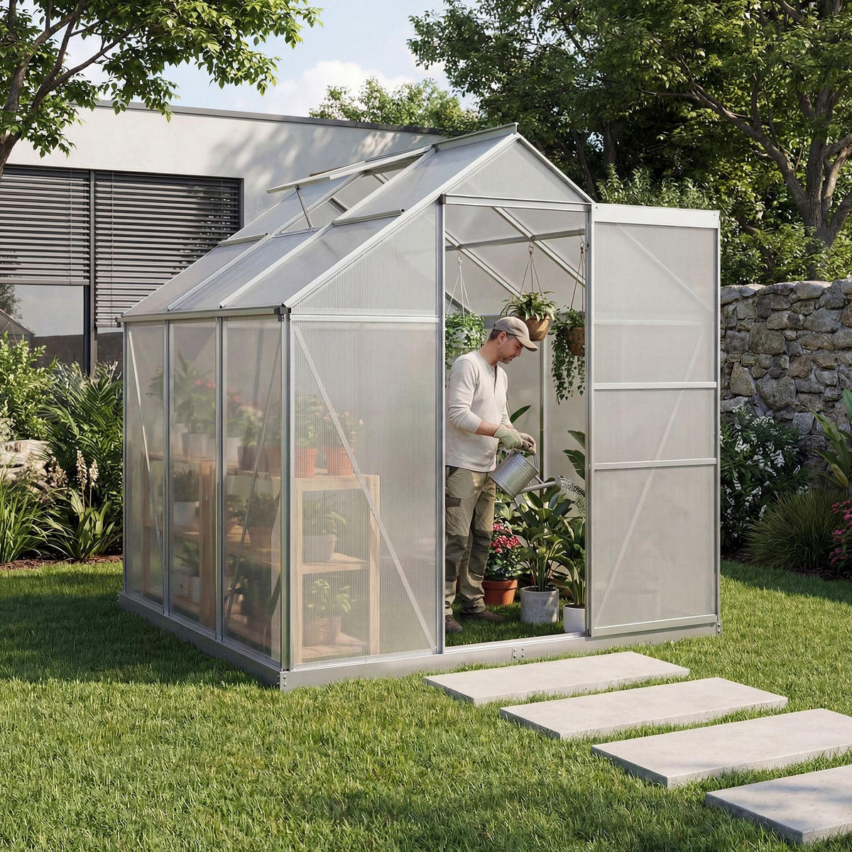 GEWÄCHSHAUS 3,6 m² inkl. Fundament 190x190x198 cm - Silberfarben, Metall (190/198/190cm) - Juskys