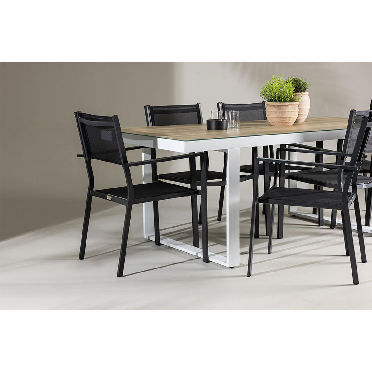 GARTENSET, Merlo, Tisch Weiß, Stühle Schwarz, Metall / Stoff, 90 x 200 x 75 cm, 7-teilig - Weiß, Metall - ebuy24