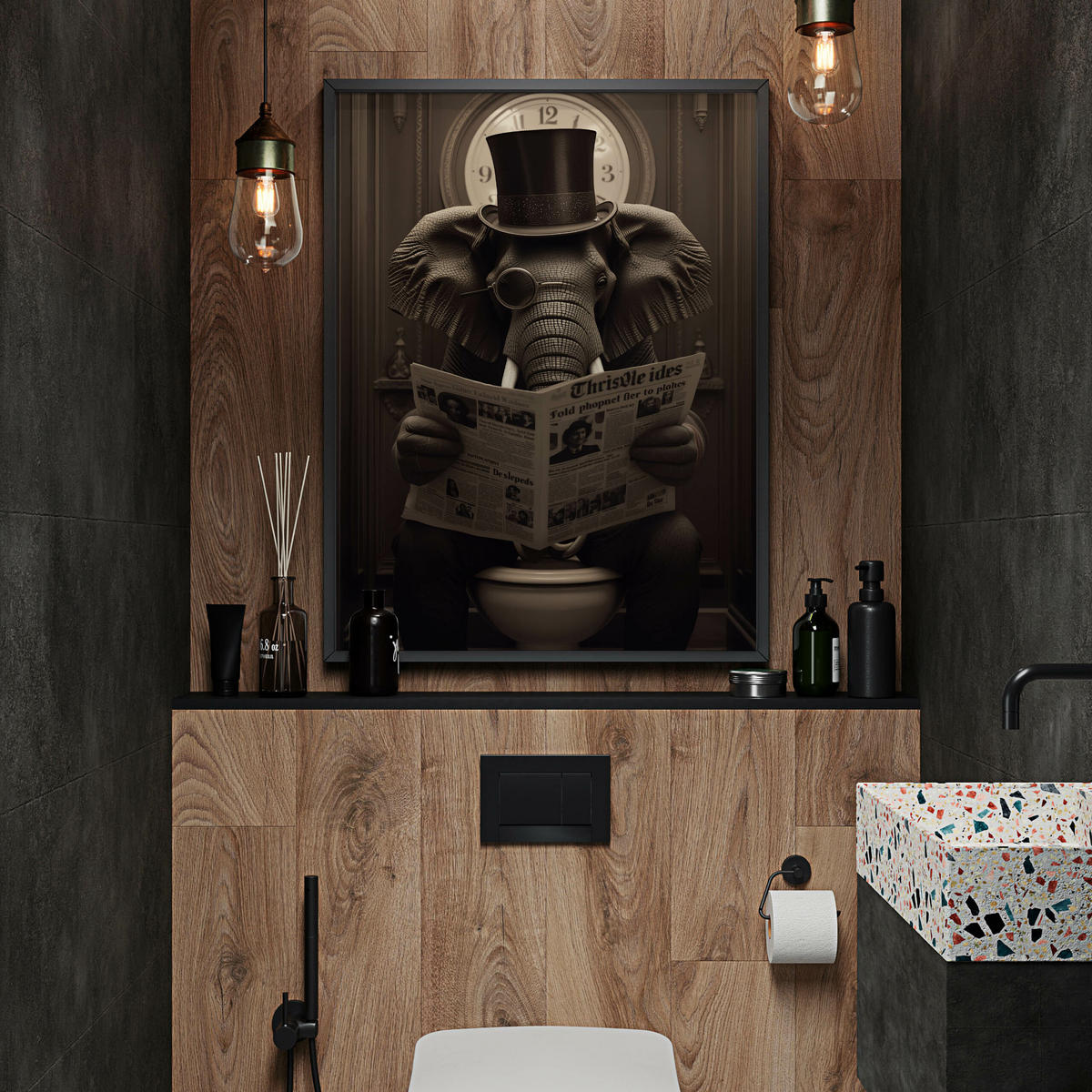 POSTER für WC Badezimmer ELEFANT in Toilette Retro Zeitung Abstraktion 30x40cm - Beige/Schwarz, Papier (30/40/40cm) - Muralo