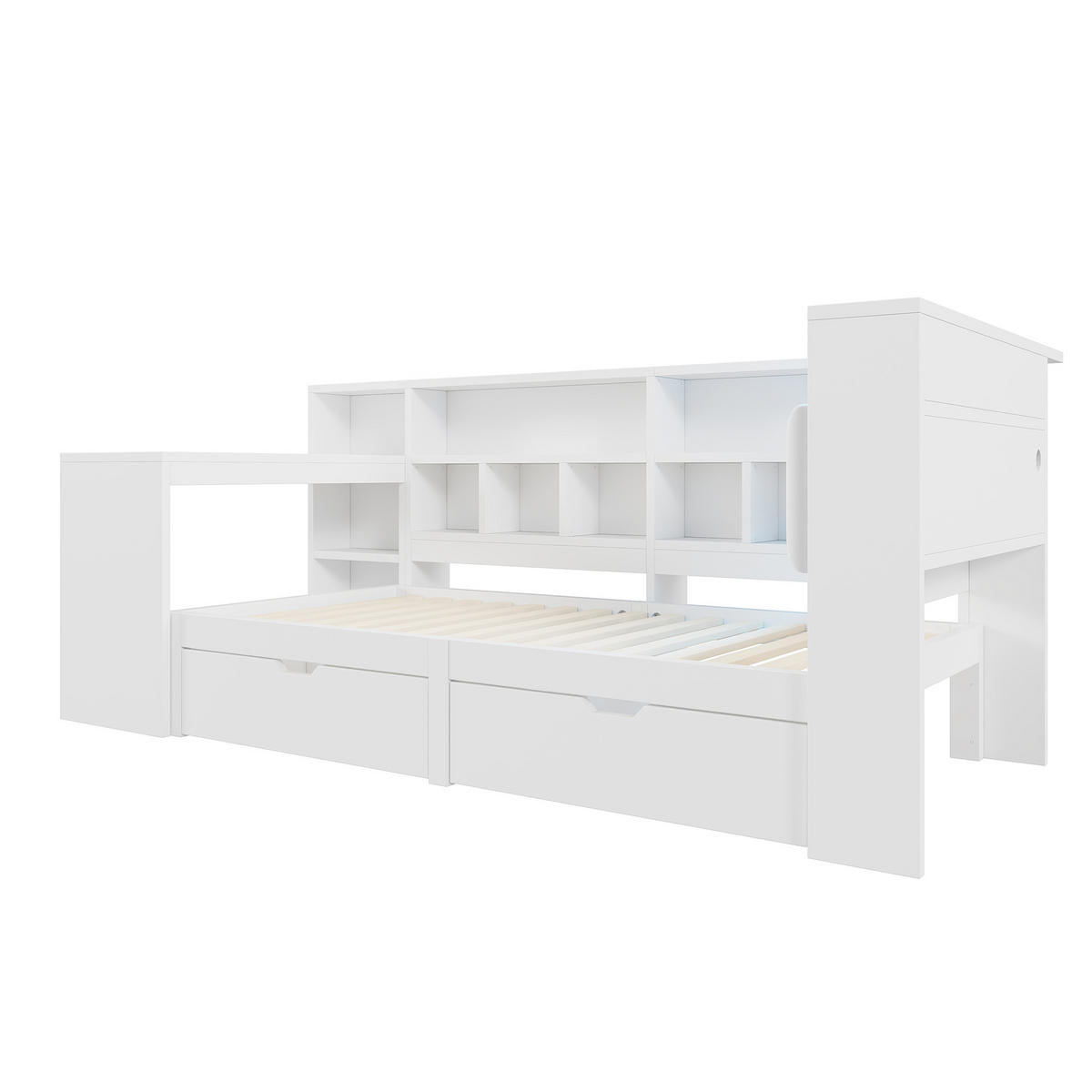 MULTIFUNKTIONSBETT 90/200 cm Weiß L-förmiges Bett mit Schreibtisch Bücherregal und LED-Beleuchtung - Weiß, Holzwerkstoff (90/200cm) - OKWISH