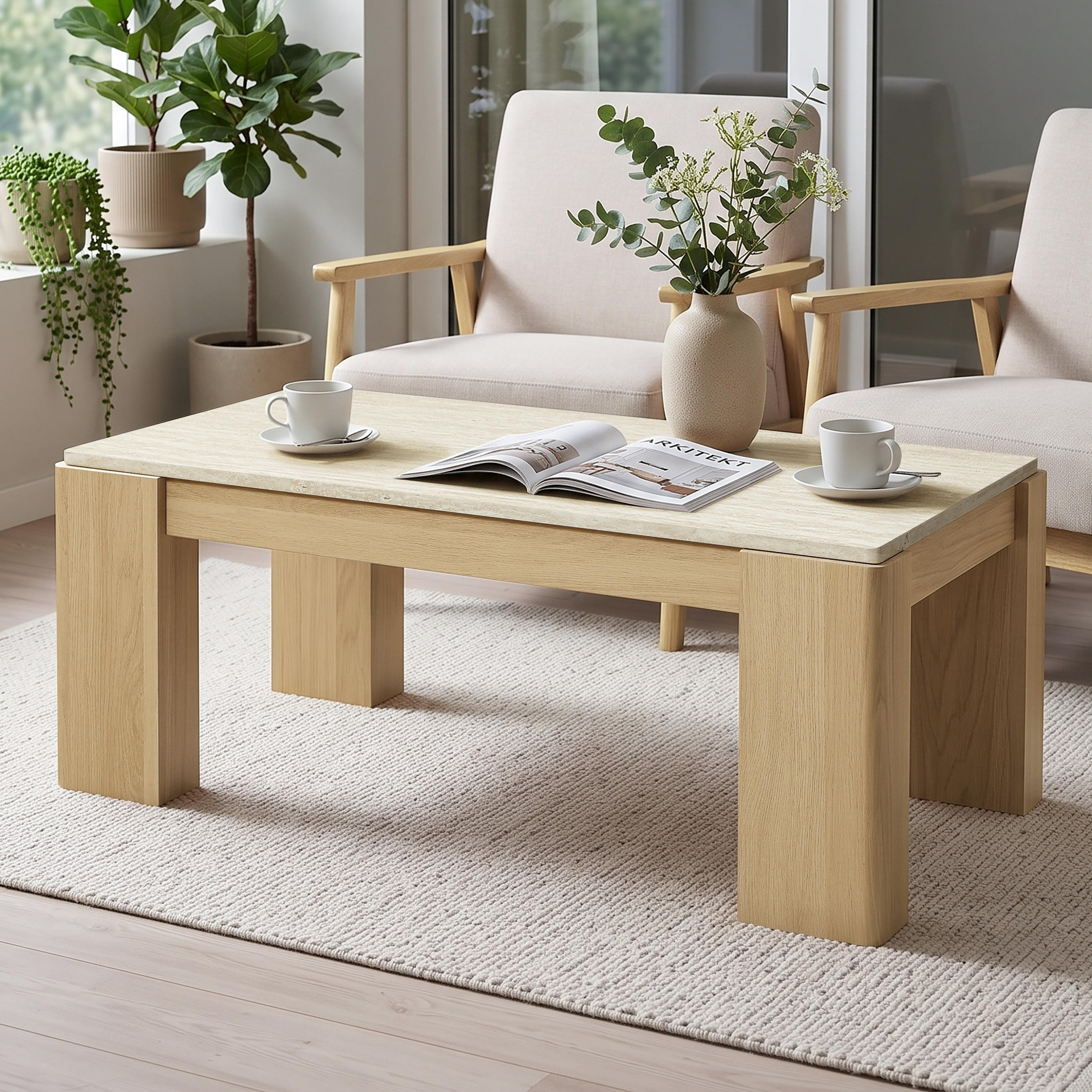 COUCHTISCH Holz mit Marmor Optik & Travertin-Optik, 100 × 54 × 40 cm - Eichefarben, Holzwerkstoff (54/100/40cm) - Hometopia