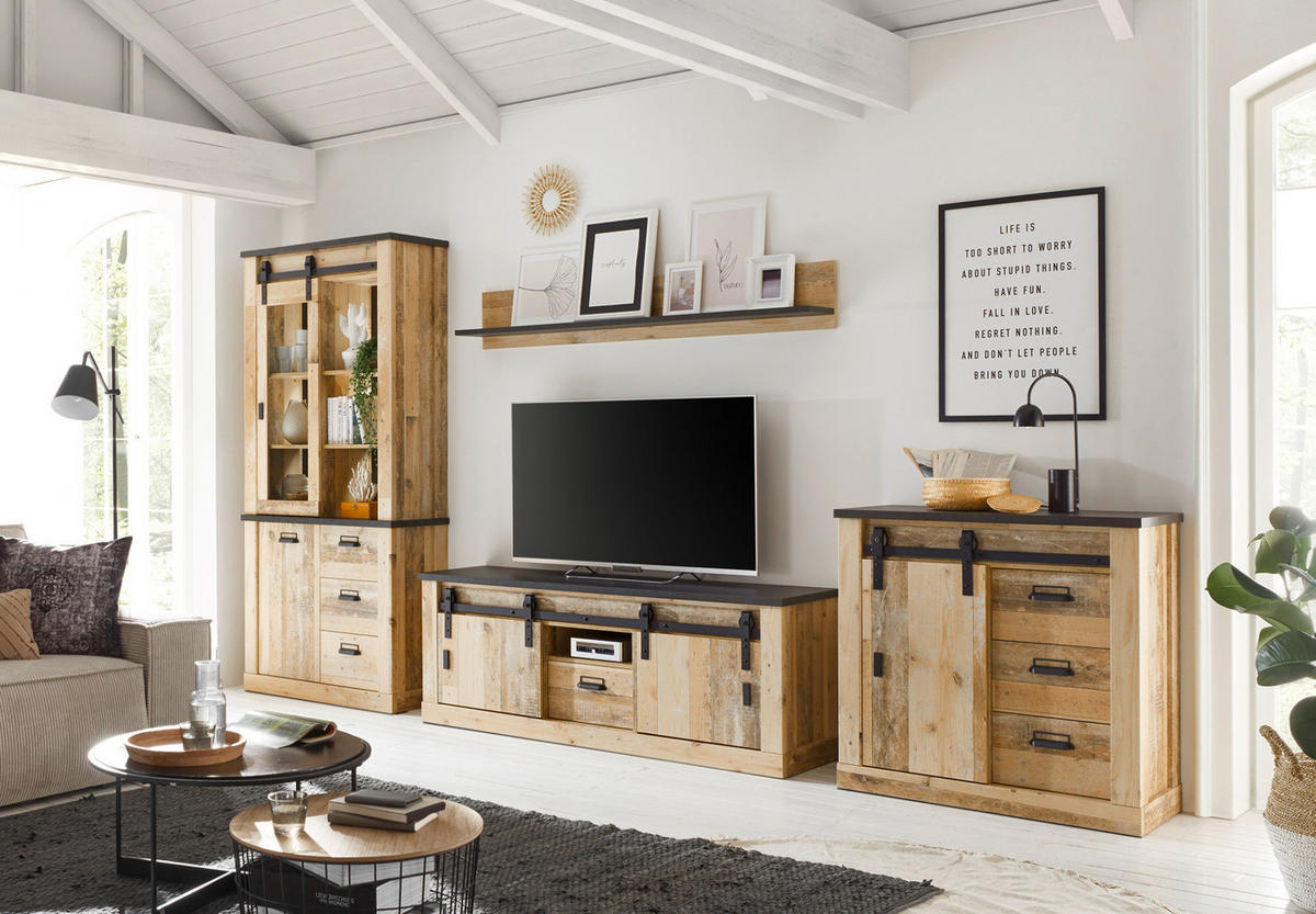 WOHNWAND Used Wood hell, anthrazit 4-teilig 388 cm, Schrankwand mit Soft-Close - Anthrazit/Schwarz, Glas/Holzwerkstoff (388/201/43cm) - Furn.Design