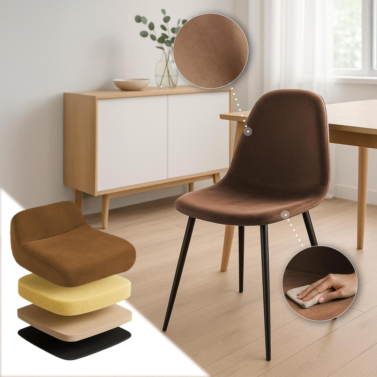 STUHL 4er Set Samt Braun - Schwarz/Braun, Textil/Metall (44/88/51cm) - CLP