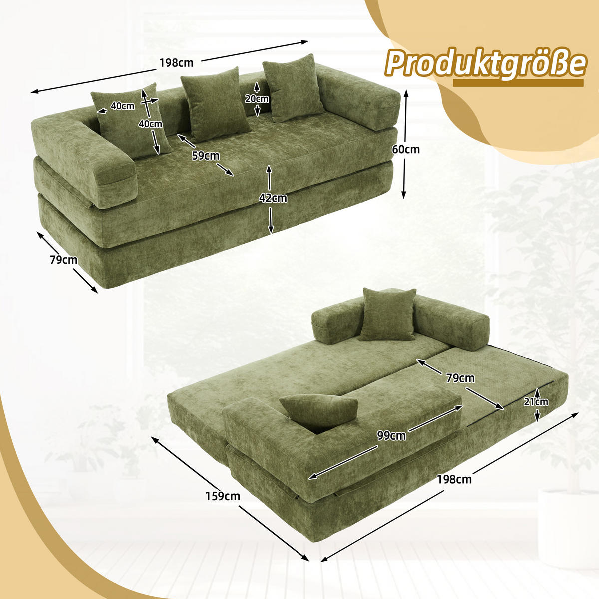 SCHLAFSOFA 198/79/60 cm Grün mit Aufbewahrungstaschen - Grün, Textil (198/60/79cm) - Oxeza