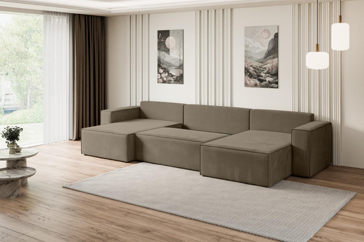 WOHNLANDSCHAFT mit Schlaffunktion und Bettkasten CELTIC-XLU - 377x143x83 cm Braun Velours - Schwarz/Braun, Holzwerkstoff/Kunststoff (377/83/143cm) - ALTDECOR