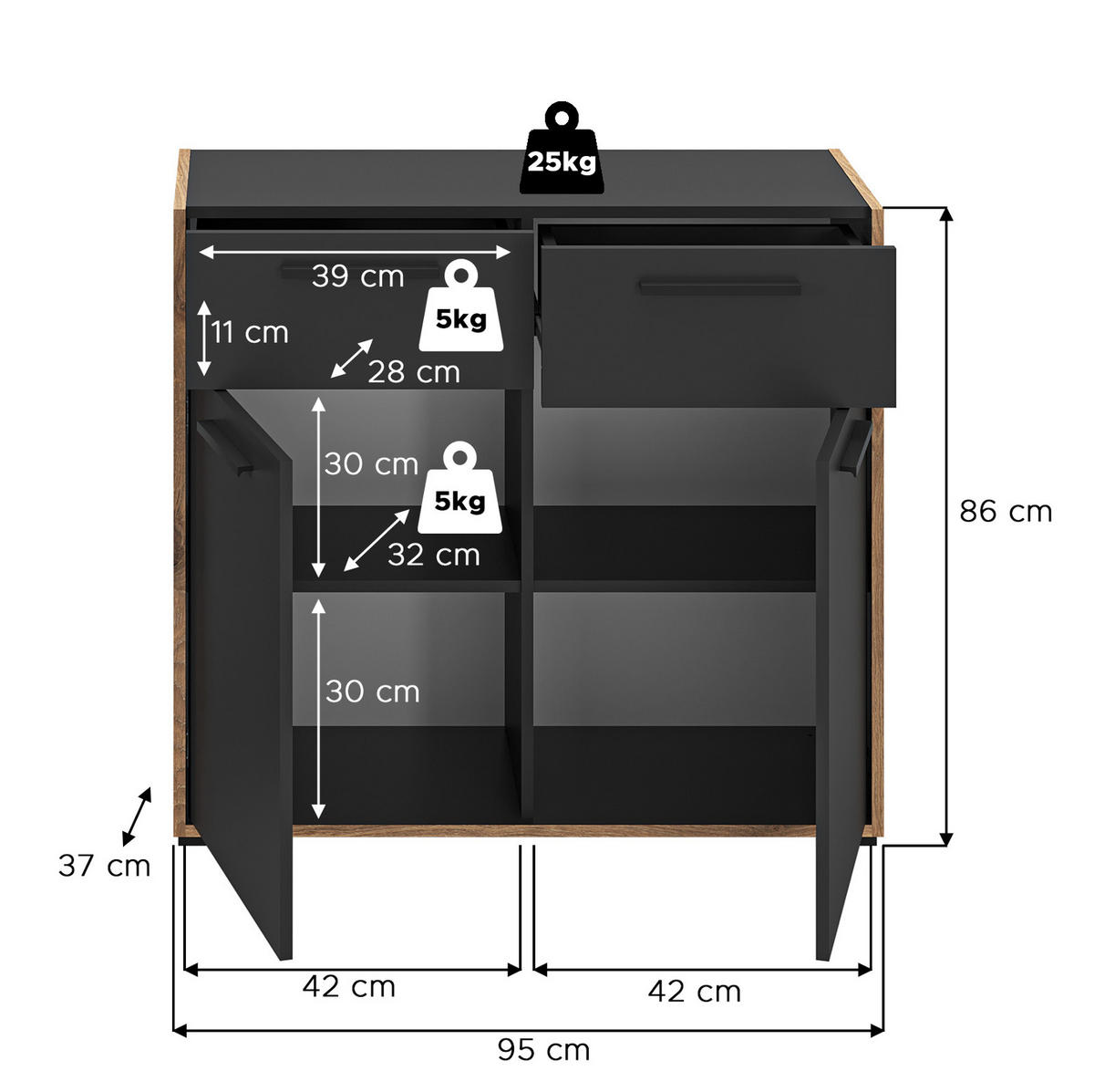 SCHUHSCHRANK grau, Nox Eiche 95 cm, Kommode mit 2 Schubkästen mit Vollauszug - Eichefarben/Schwarz, Holzwerkstoff/Kunststoff (95/86/37cm) - Inn.Furn