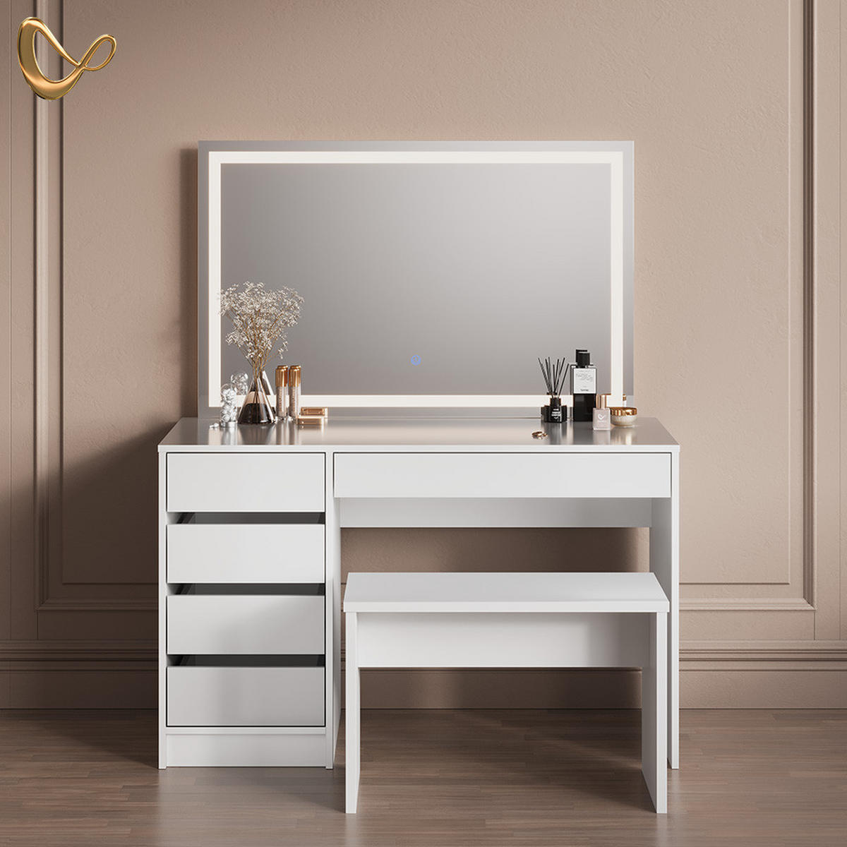 SCHMINKTISCH Imola Weiß mit LED-Spiegel und Bank - Weiß, Holzwerkstoff (120/75/55cm) - Livinity®