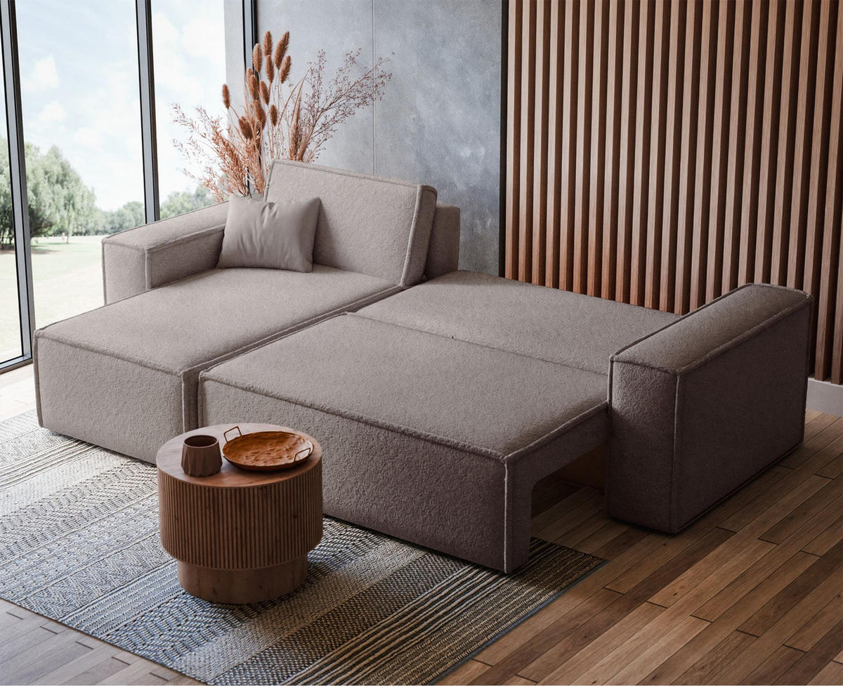 ECKSOFA Scarlo Hellbraun Bouclé-Bezug - Hellbraun/Schwarz, Kunststoff/Textil (244/145cm) - Selsey