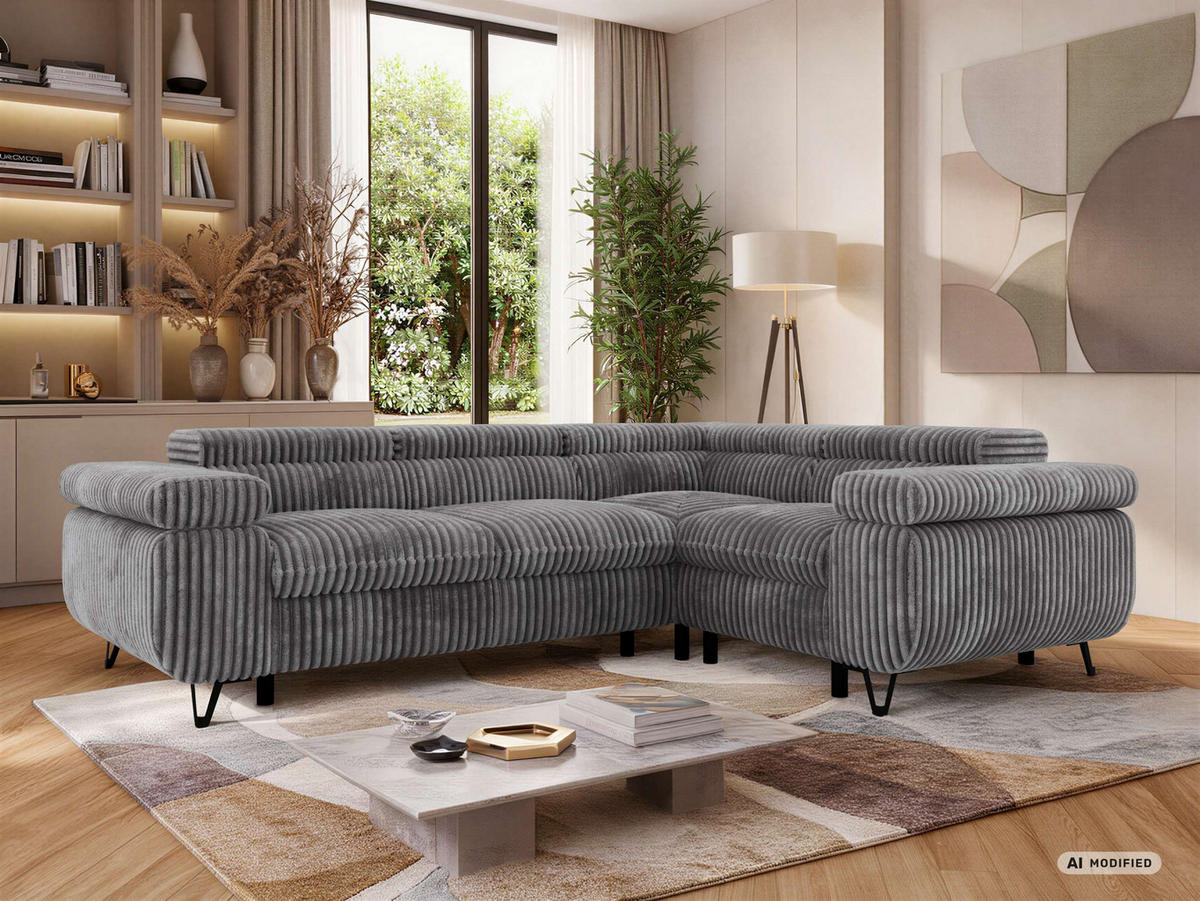 ECKSOFA ORSO L Grau Cord - Rechts Seite - Schwarz/Grau, Textil/Metall (268/197cm) - MKS