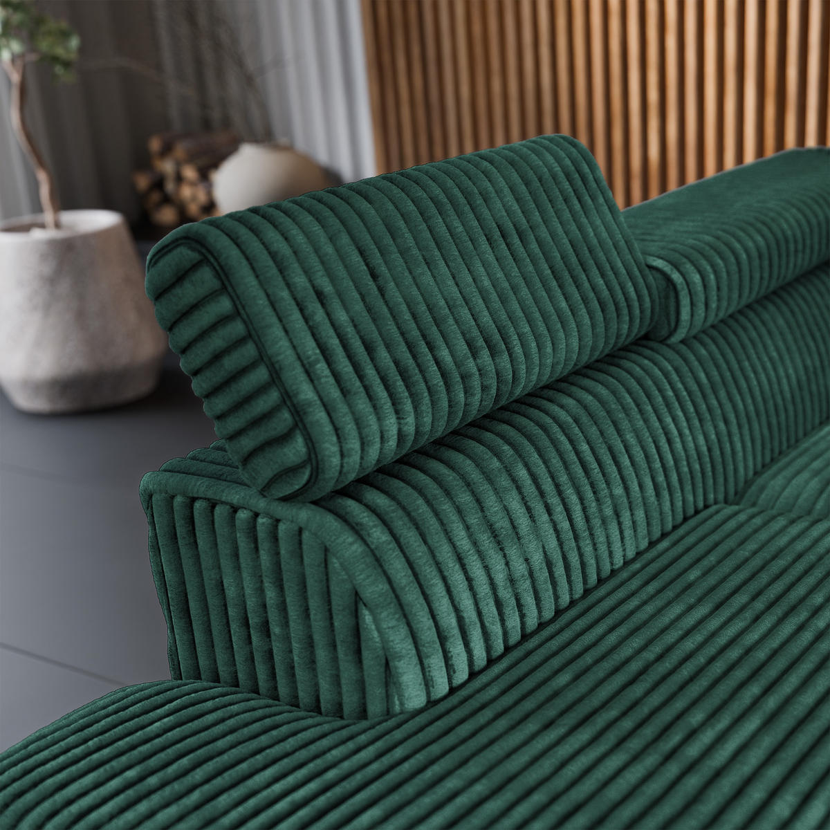 ECKSOFA VELISS Grün Kordstoff mit Schlaffunktion - Grün, Holz (255/193cm) - MASSENO