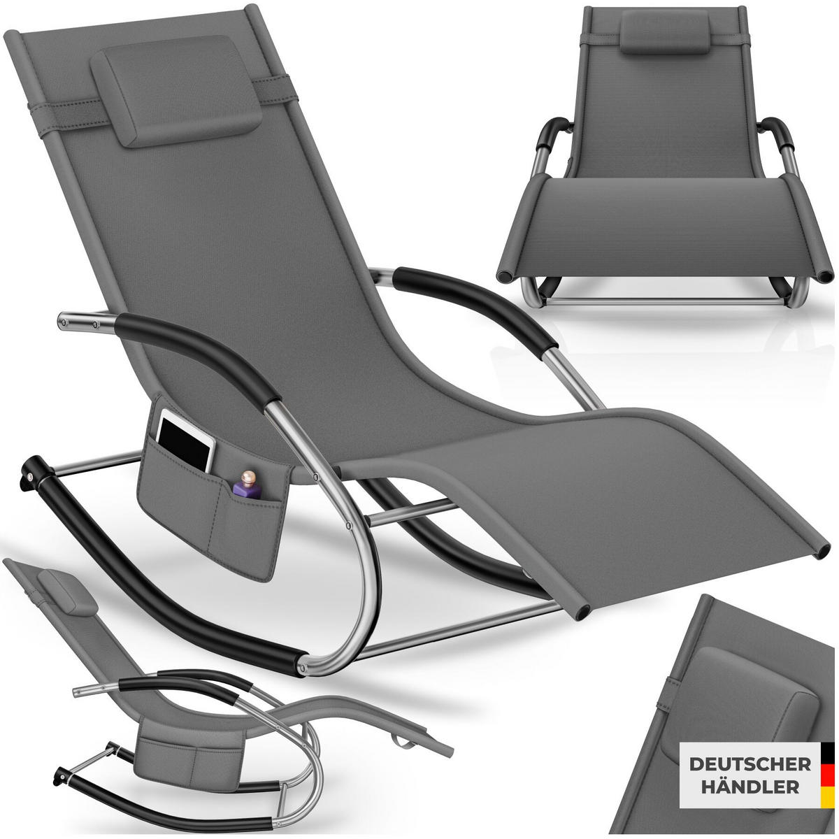 GARTENLIEGE Taya, abnehmbares Kopfpolster, seitliche Aufbewahrungstasche, grau - Grau, Kunststoff (62/92/142cm) - tectake