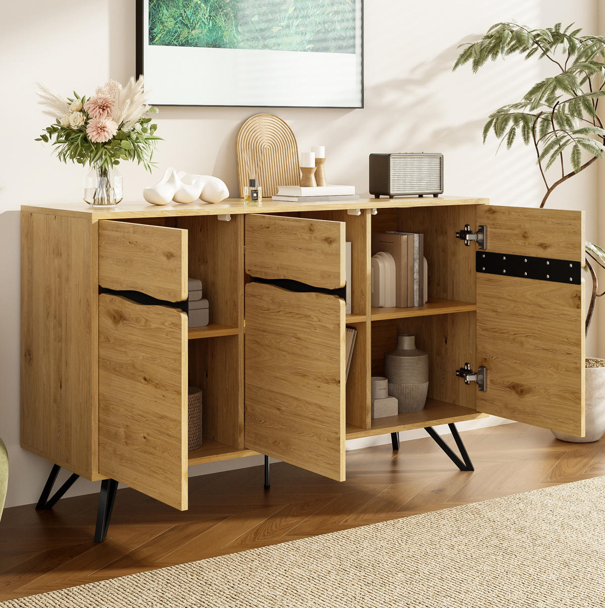 SIDEBOARD aus Spanplatte in Holzoptik mit 3 Türen und Metallbeinen, 140/40/75,5 cm,Naturfarben - Naturfarben, Holzwerkstoff (40/75.5/140cm) - Redom