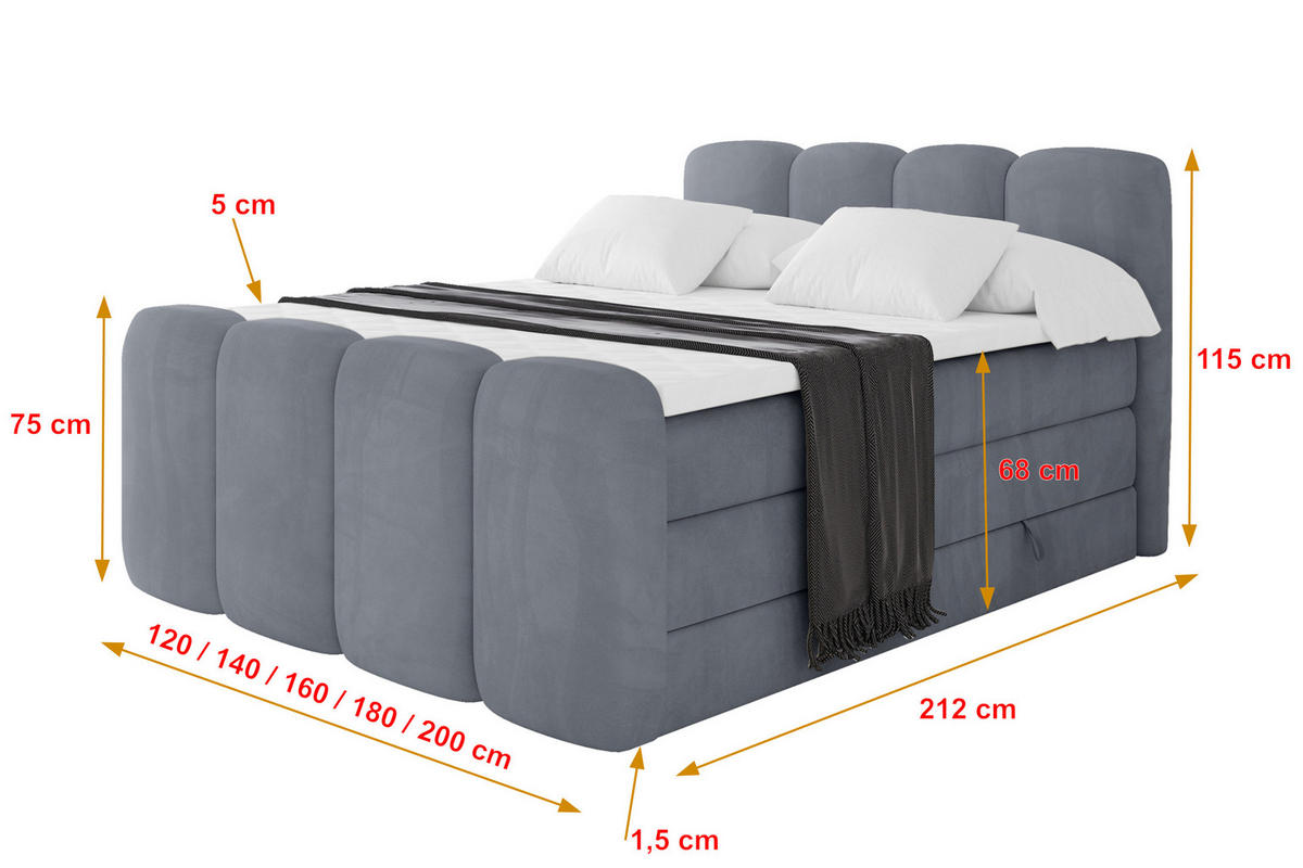 BOXBETT mit Matratze H3|H4 - NINA-Z KING - 160x200 cm - Grau - Anthrazit, Holzwerkstoff (160/200cm) - ALTDECOR