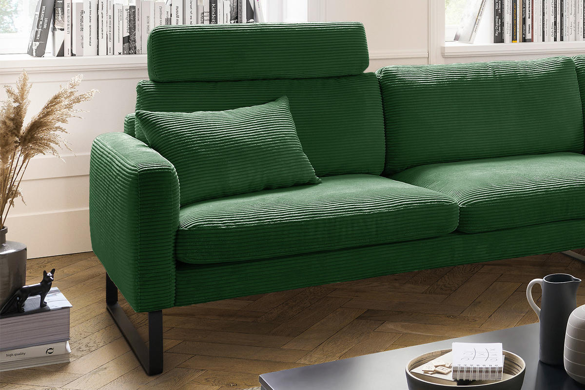 ECKSOFA RICARDA Smaragdgrün Cord - Smaragdgrün/Schwarz, Textil/Metall (298/154cm) - KAWOLA