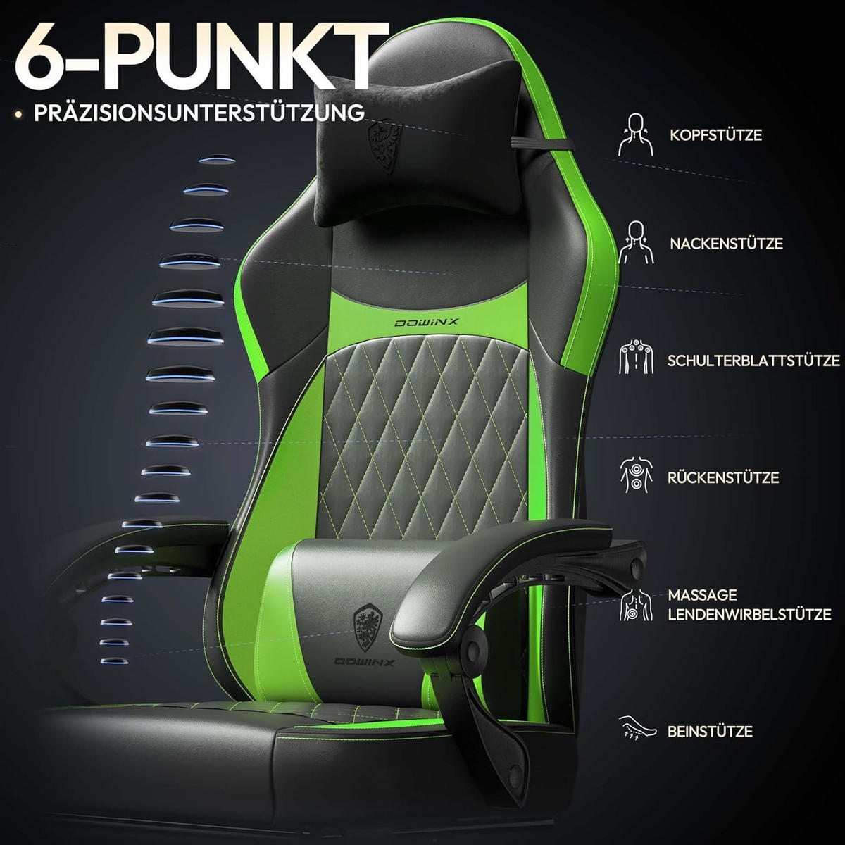 GAMING-STUHL ergonomischer mit Lendenwirbelstütze, Fußstütze, PU-Leder - Grün, Leder (65/127/63cm)