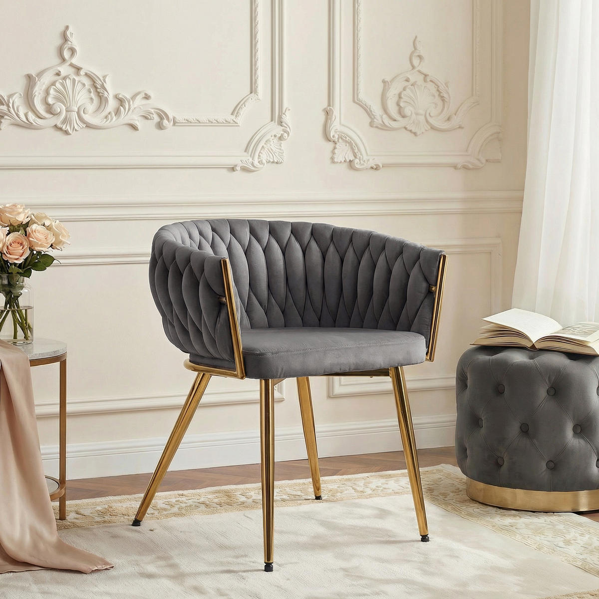 COCKTAILSESSEL AURUM 63/55/78 cm, Grau - Goldfarben/Grau, Textil/Metall (63/78/55cm) - Idohome