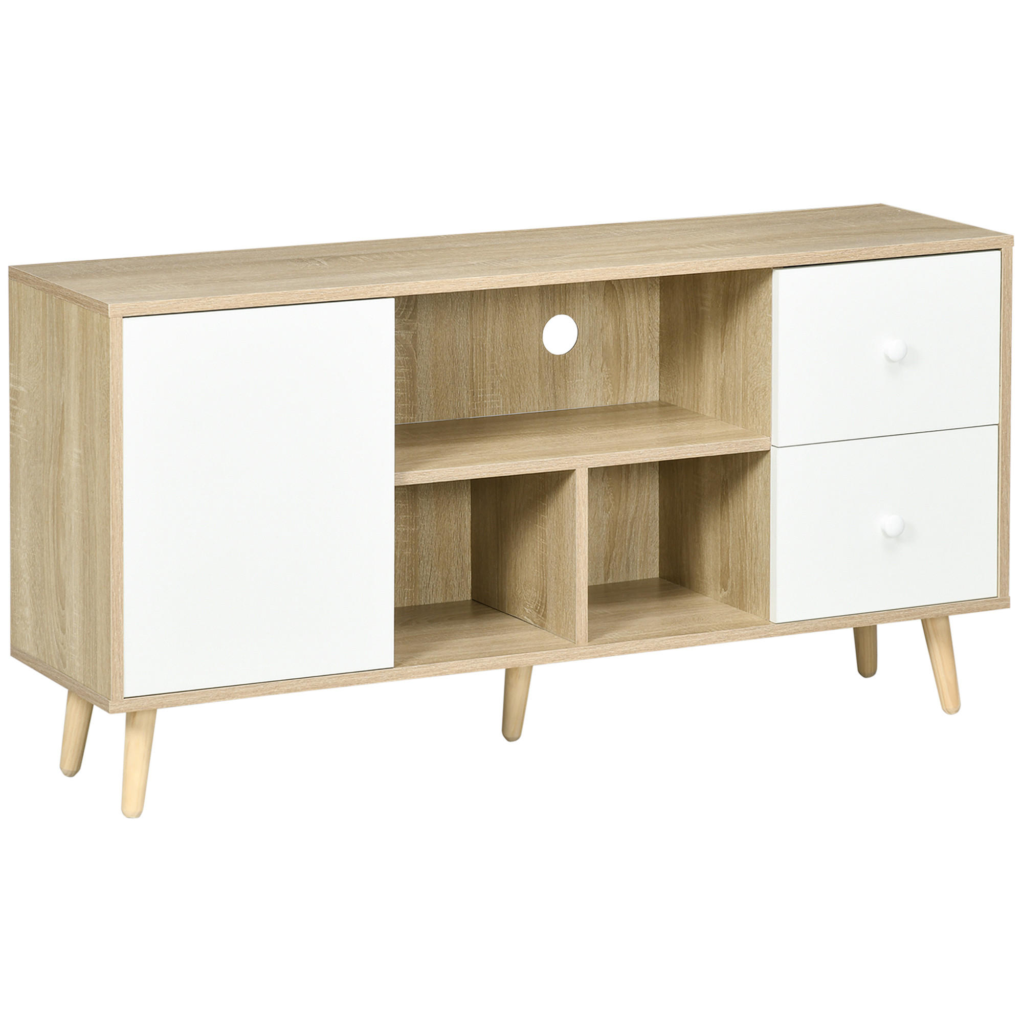 TV-LOWBOARD Weiß/Natur 120/30/60 cm, Massivholzfüße, 1 Tür, 2 Schubladen - Naturfarben, Holzwerkstoff (120/60/30cm) - PANGIVO
