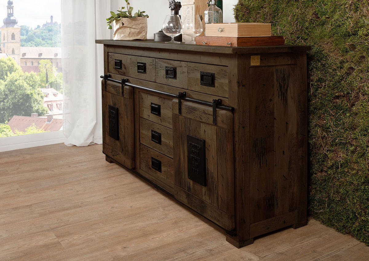 SIDEBOARD Mango 150x45x90 braun lackiert RAILWAY #419 - Braun, Holz (150/90/45cm) - Massivmoebel24