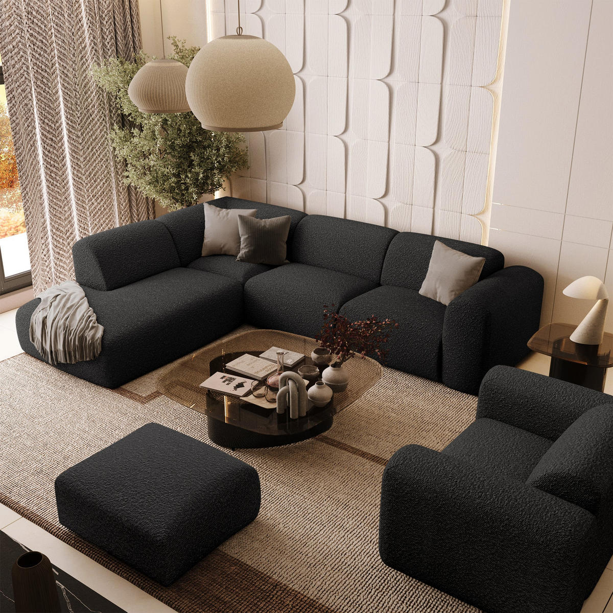 ECKSOFA LINKS Bouclé-Stoff Dunkles Anthrazit 269cm - Anthrazit, Textil (221/269cm) - Sia Home