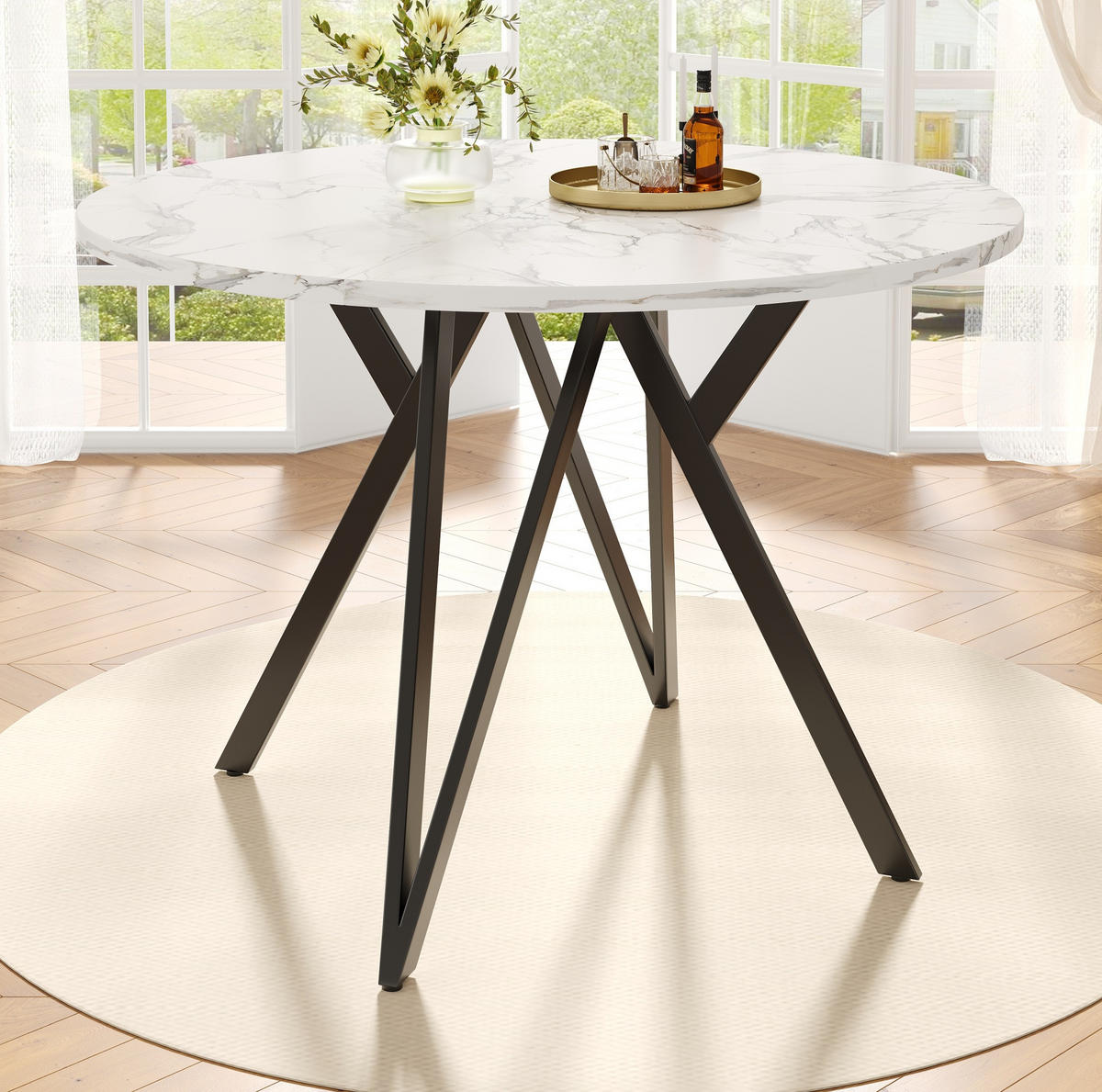 ESSTISCH 100x100x76 cm aus MDF mit Marmoroptik auf schwarzem Metallgestell - Schwarz, Holzwerkstoff (100/100/76cm) - Modfu