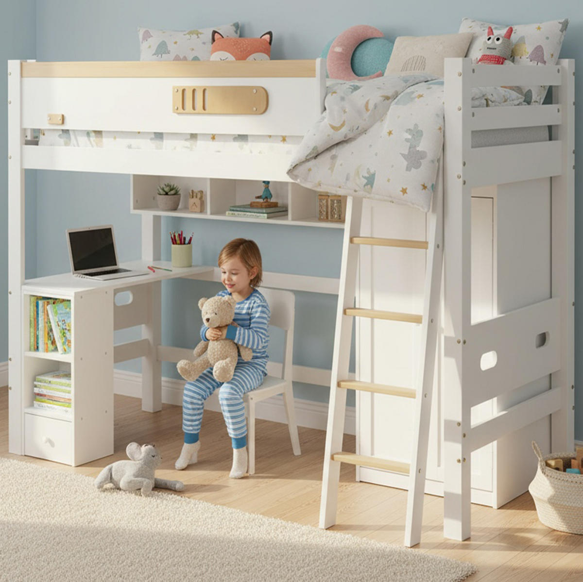 ETAGENBETT 90/200 cm, Weiß/Natur mit Tisch und Kleiderschrank - Weiß, Holz (90/200cm) - MIVRAY