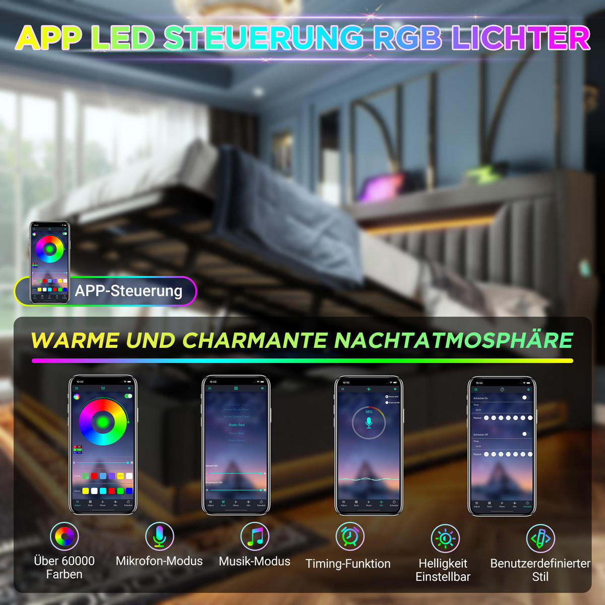 POLSTERBETT aus Leinen 90x200 cm in Grau mit LED & Matratze - Grau, Textil (90/200cm) - Modfu