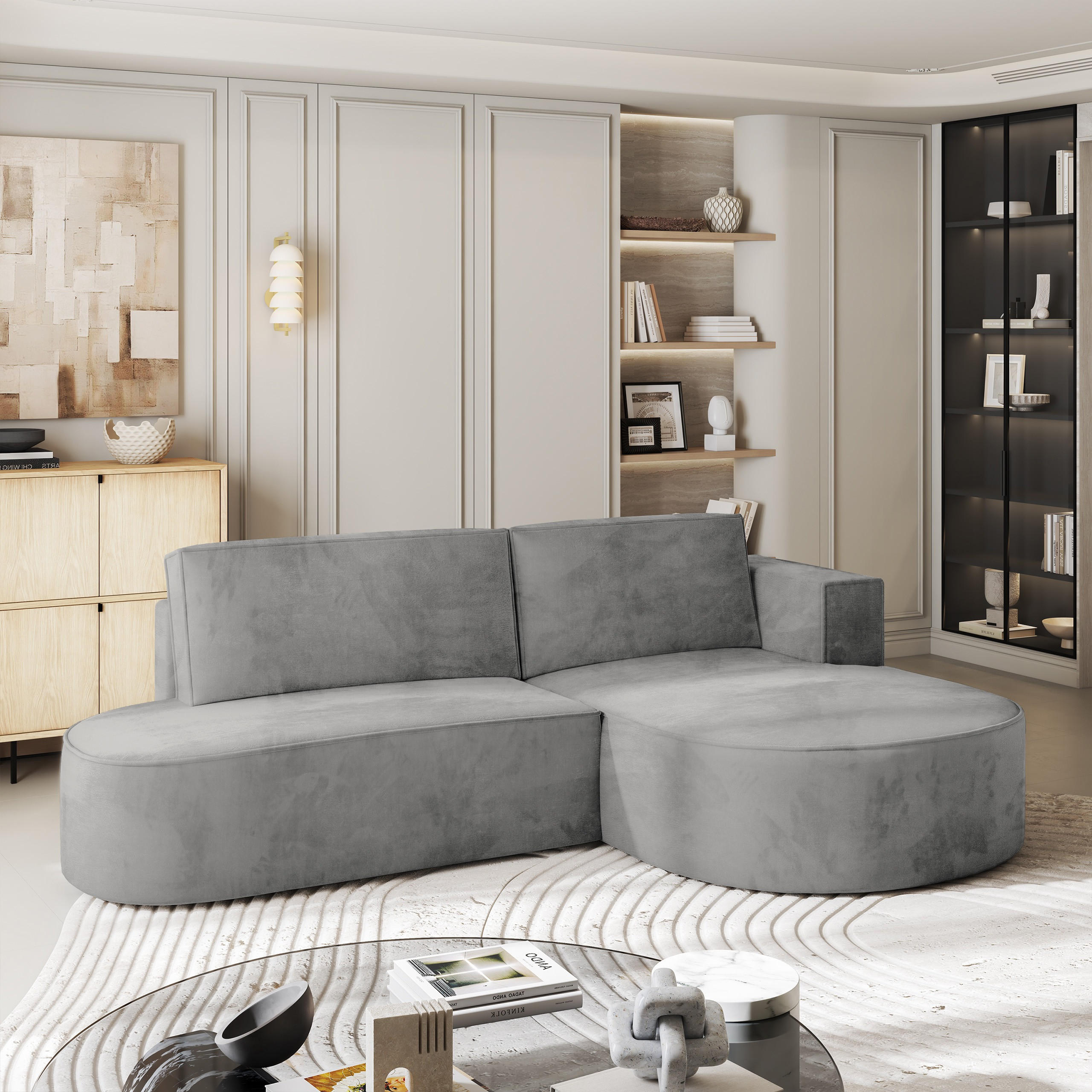 ECKSOFA CORTIO M R-S Grau Velours-Stoff mit Schlaffunktion - Grau, Holz (265/174cm) - MASSENO